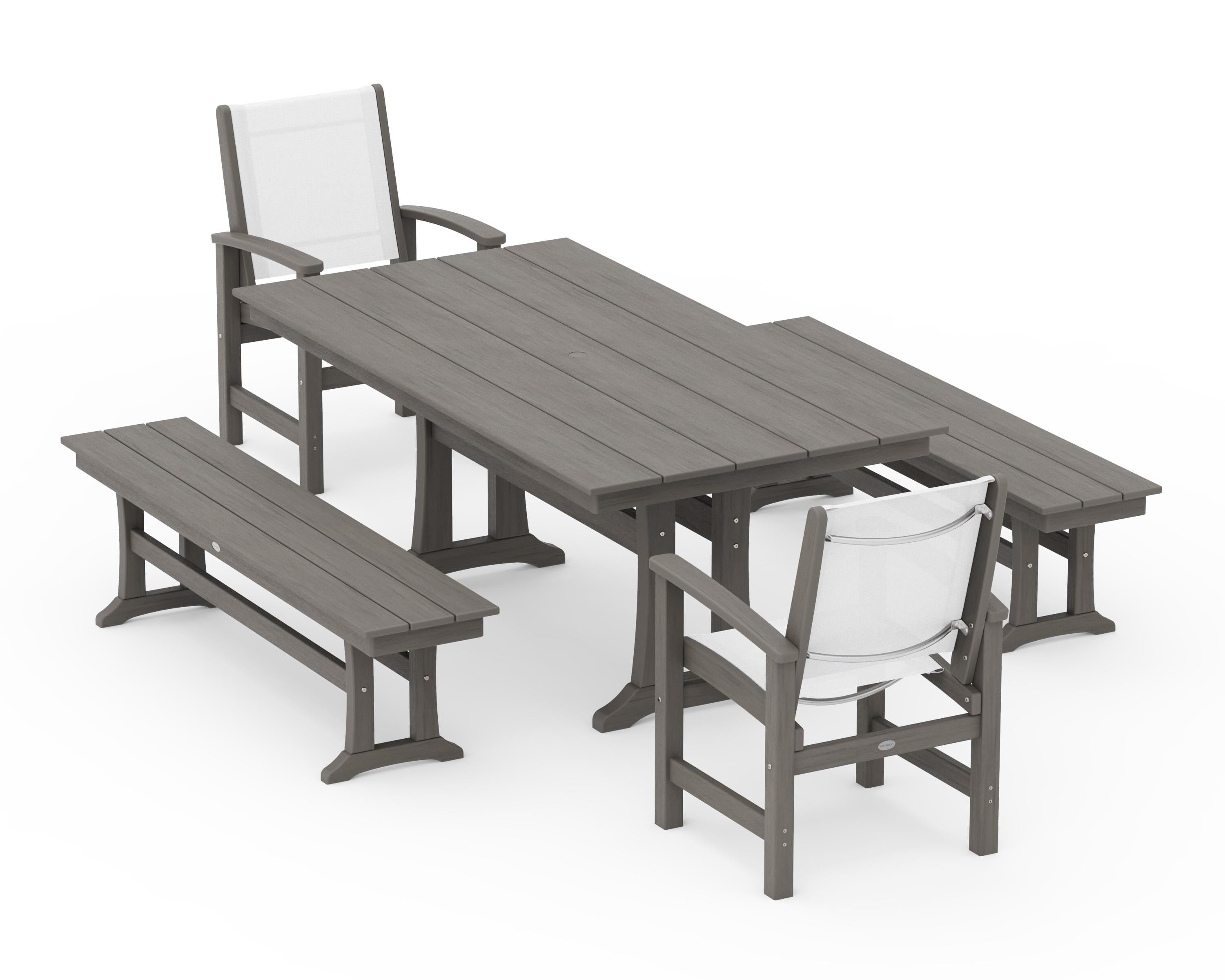 POLYWOOD Coastal 5-Piece Farmhouse Dining Set with Trestle Legs and Benches in Driftwood / White Sling