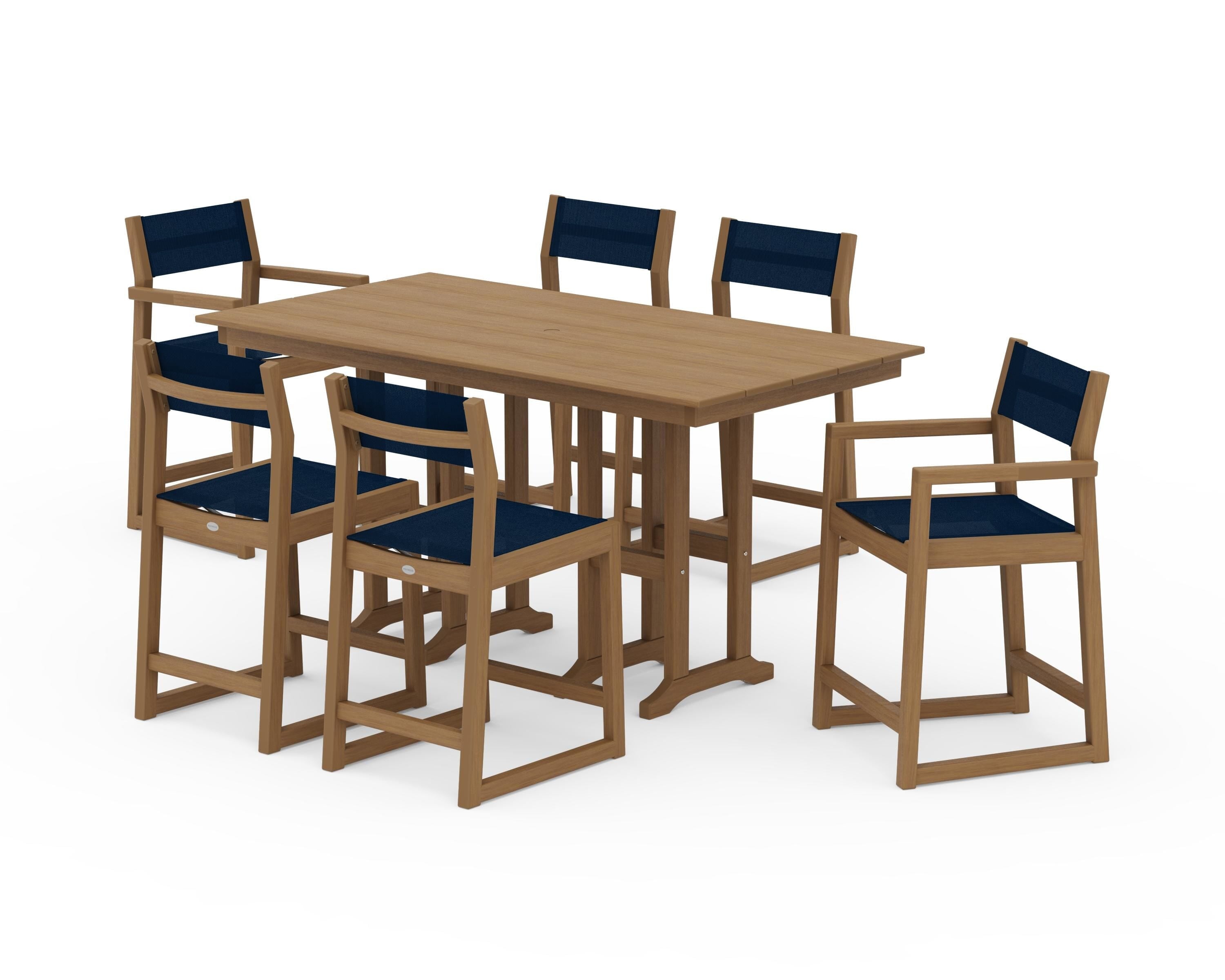 POLYWOOD EDGE Sling 7-Piece Farmhouse Counter Set with Trestle Legs in Natural / Navy Blue Sling