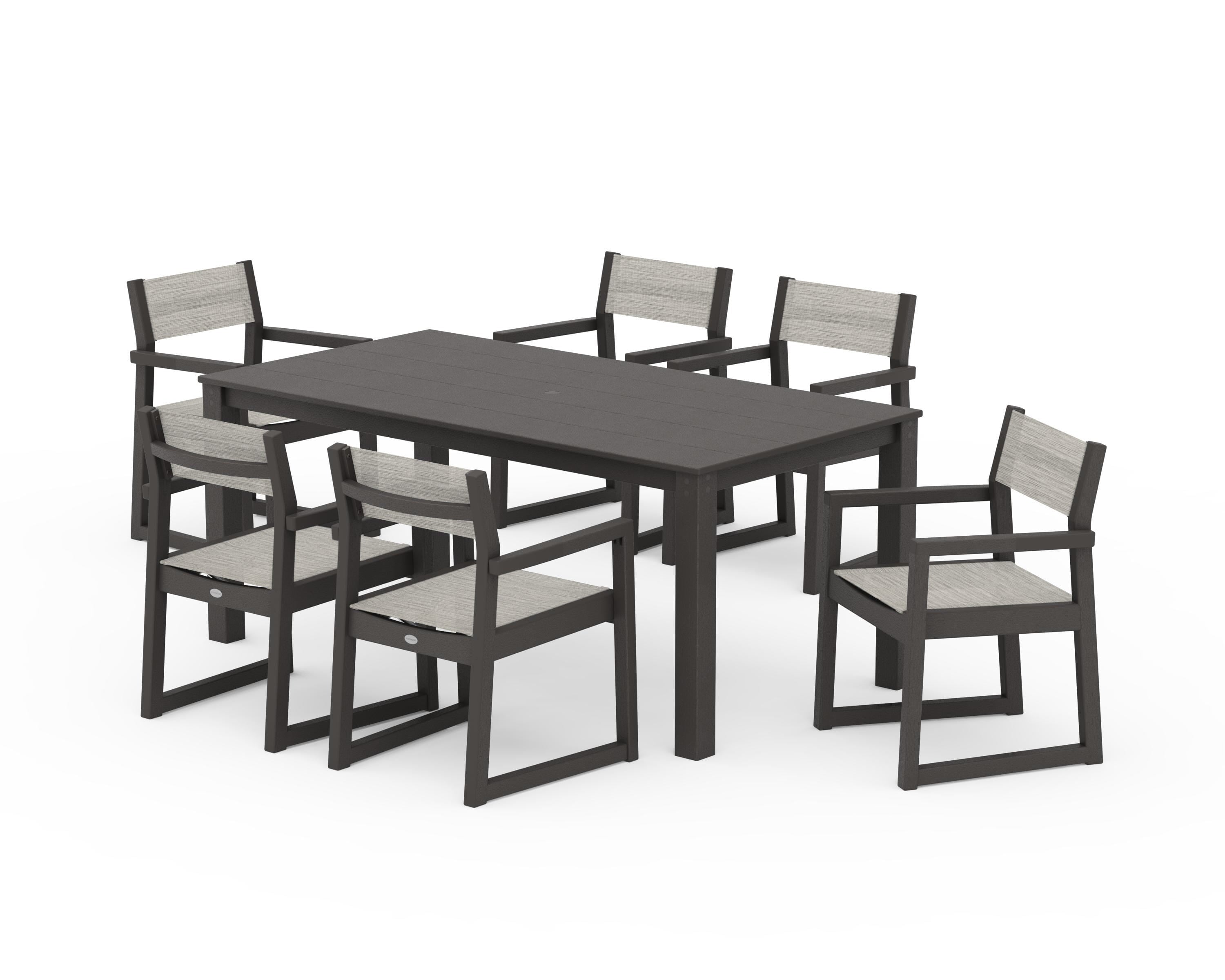 POLYWOOD EDGE Sling Arm Chair 7-Piece Parsons Dining Set in Vintage Coffee / Birch Sling