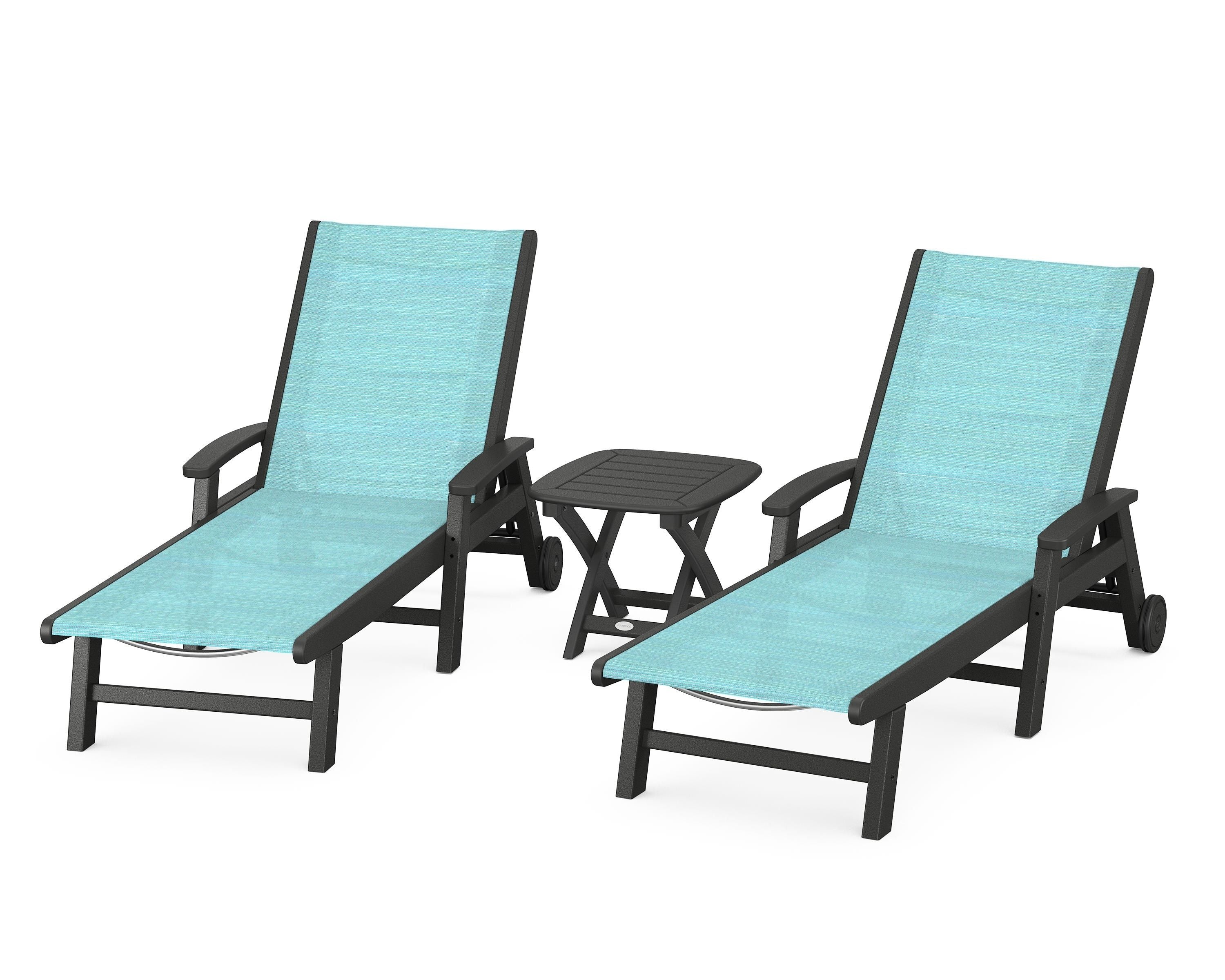 POLYWOOD Coastal 3-Piece Wheeled Chaise Set in Black / Dupioni Aquamarine Sling