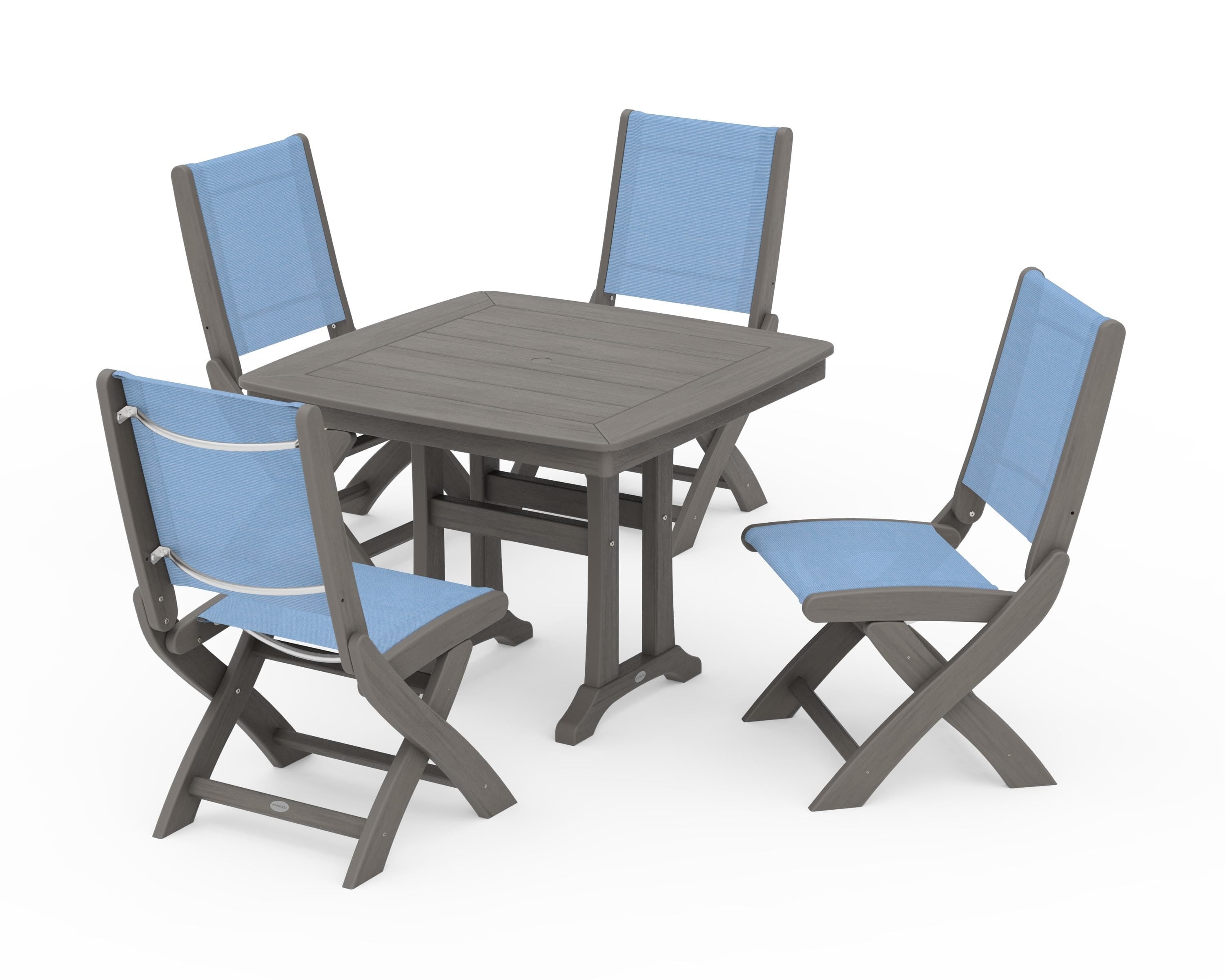 POLYWOOD Coastal Folding Side Chair 5-Piece Dining Set with Trestle Legs in Driftwood / Poolside Sling