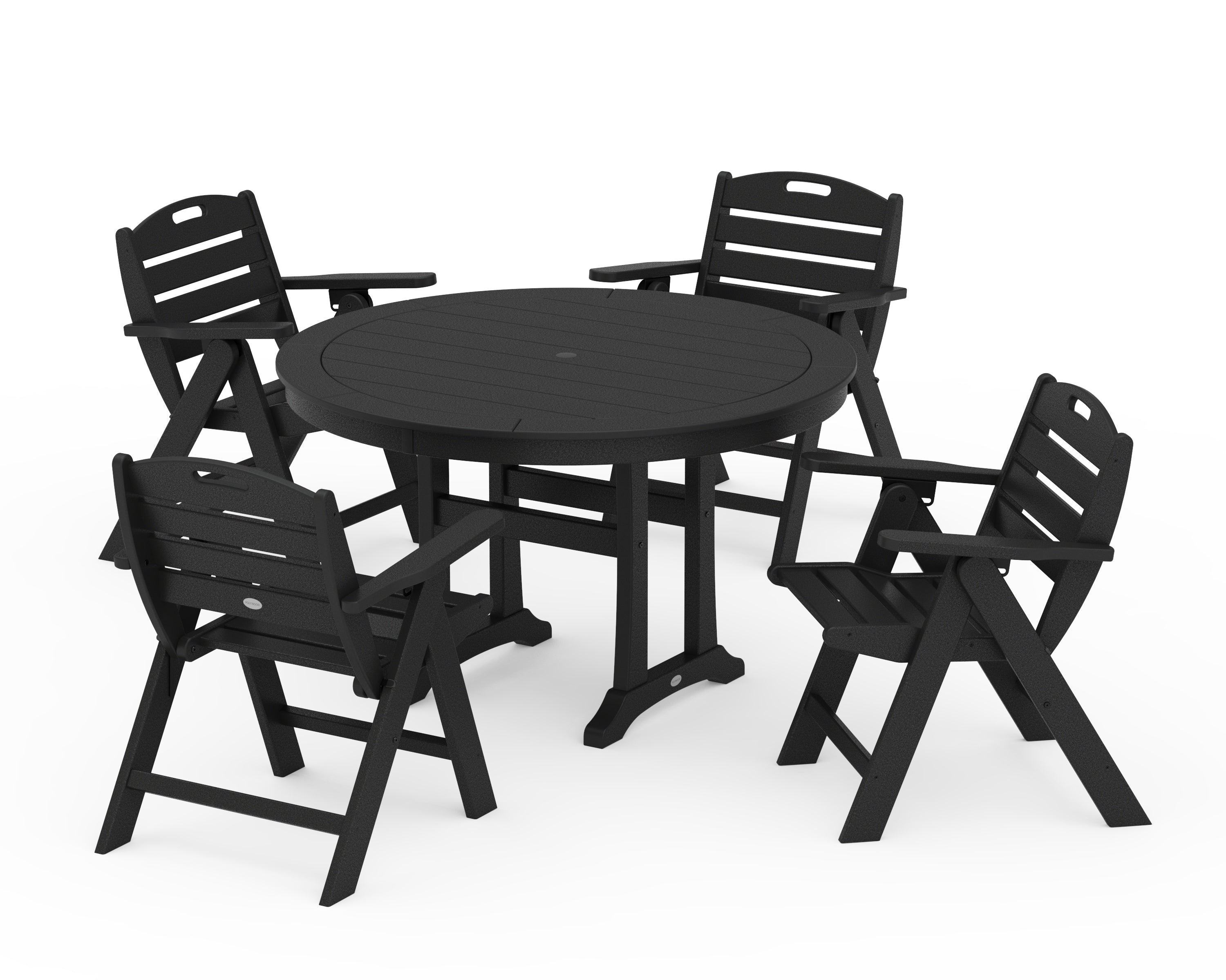 POLYWOOD Nautical Folding Lowback Chair 5-Piece Round Dining Set With Trestle Legs in Black