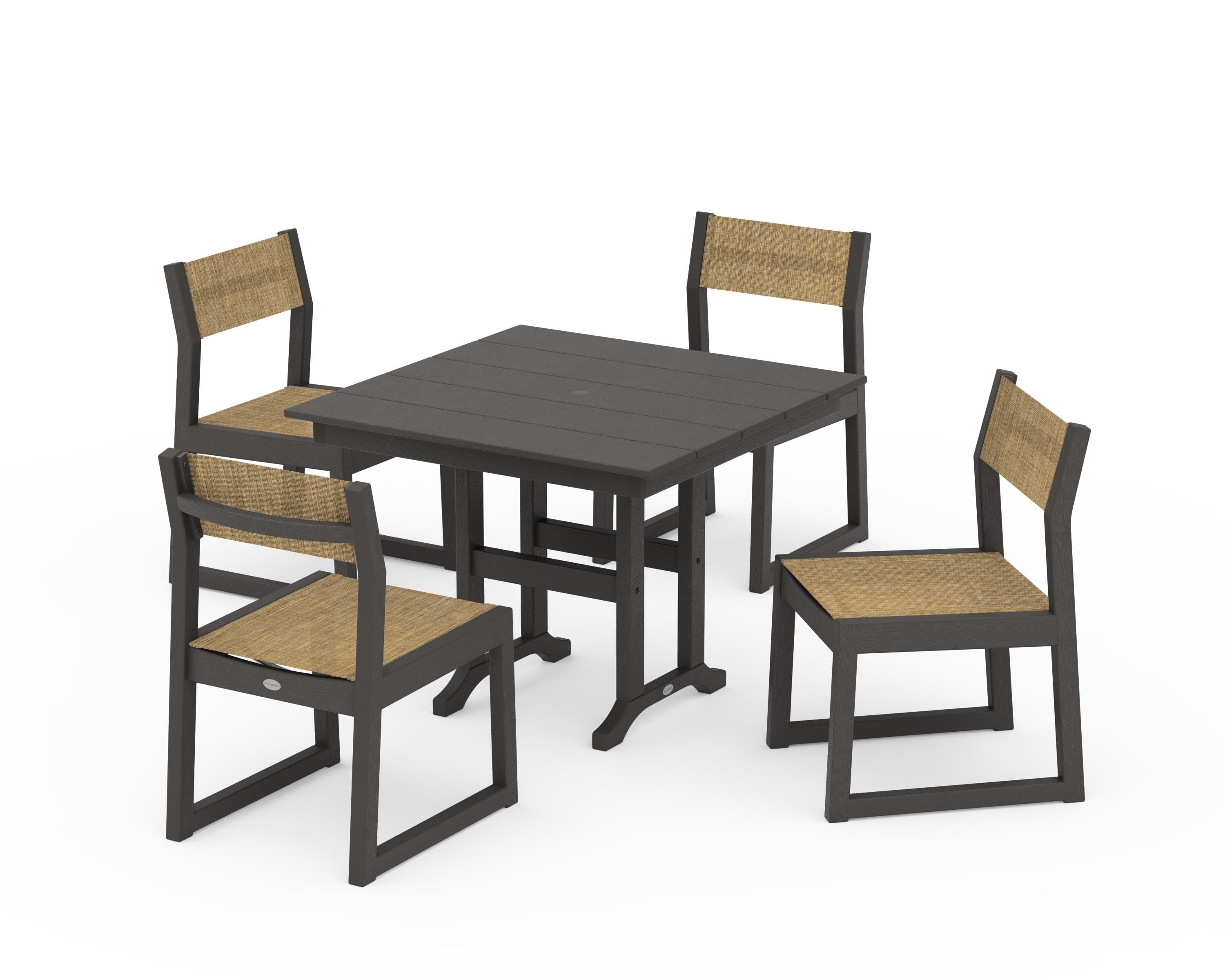 POLYWOOD EDGE Sling Side Chair 5-Piece Farmhouse Dining Set in Vintage Coffee / Burlap Sling