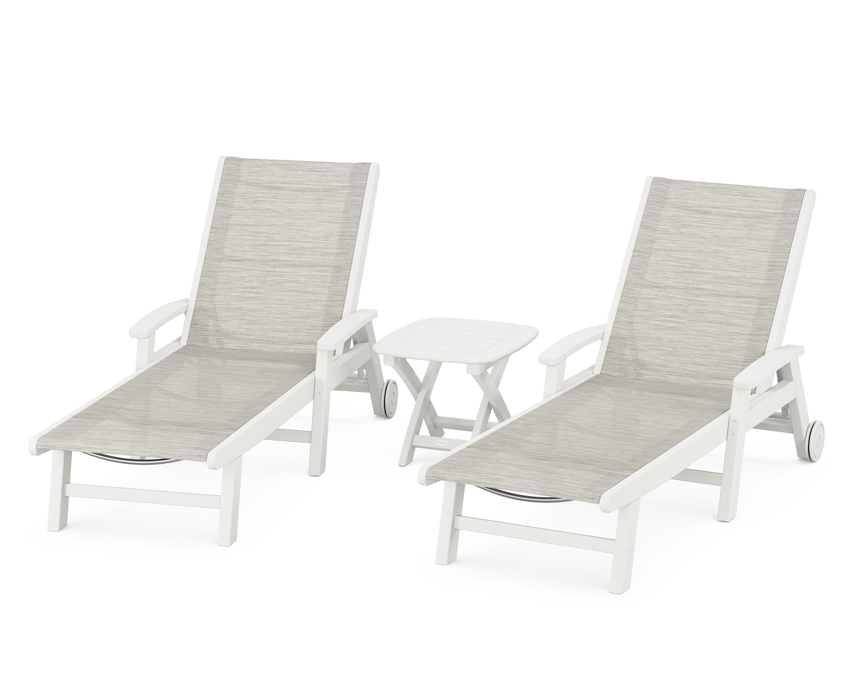 POLYWOOD Coastal 3-Piece Wheeled Chaise Set in Vintage White / Birch Sling