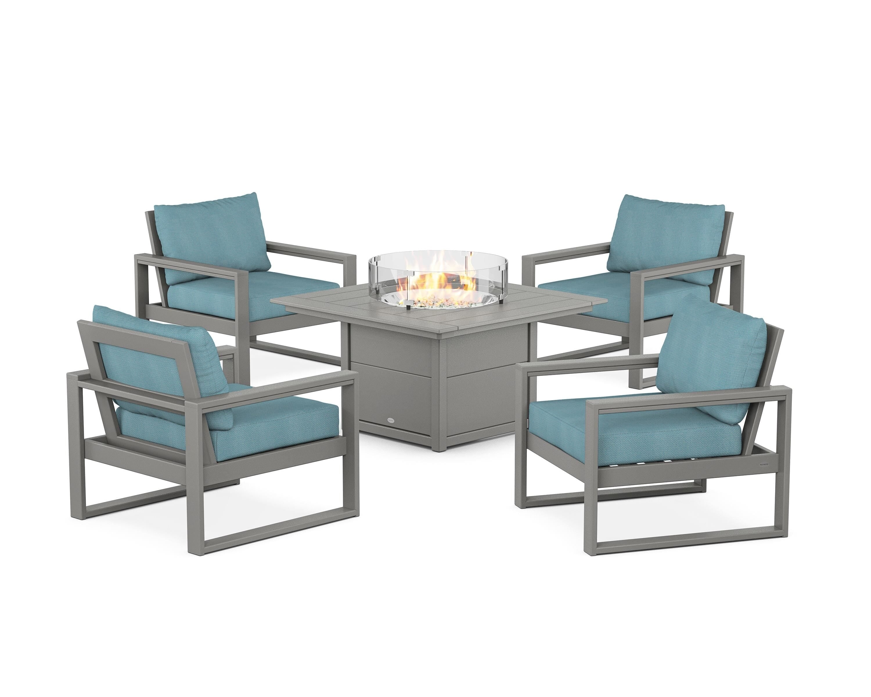 POLYWOOD EDGE Sectional 5-Piece Deep Seating Set with Fire Pit Table in Slate Grey / Lattice Sky Blue