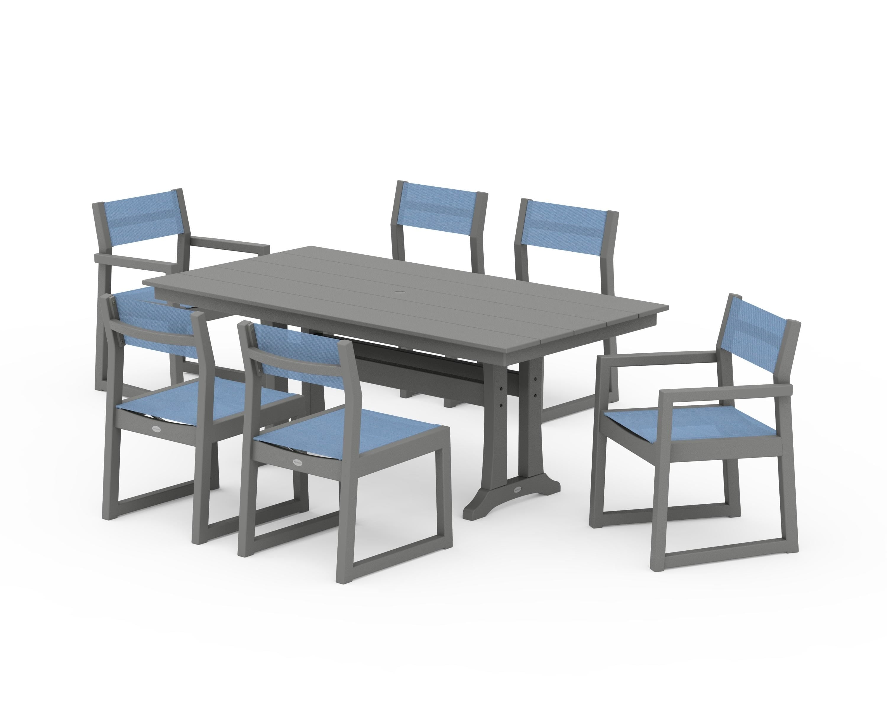 POLYWOOD EDGE Sling 7-Piece Farmhouse Trestle Dining Set in Slate Grey / Poolside Sling