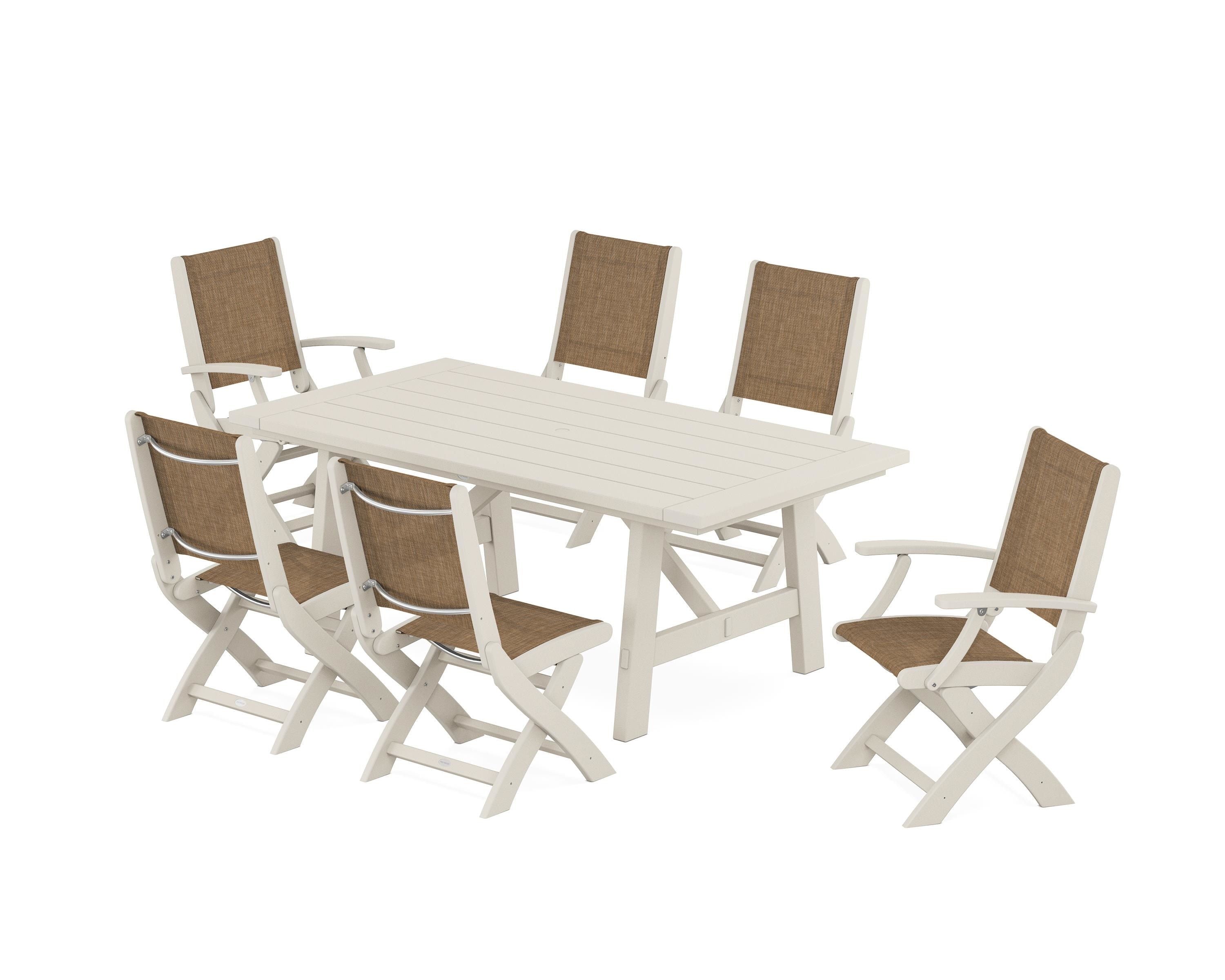 POLYWOOD Coastal Folding Chair 7-Piece Rustic Farmhouse Dining Set in Sand / Burlap Sling
