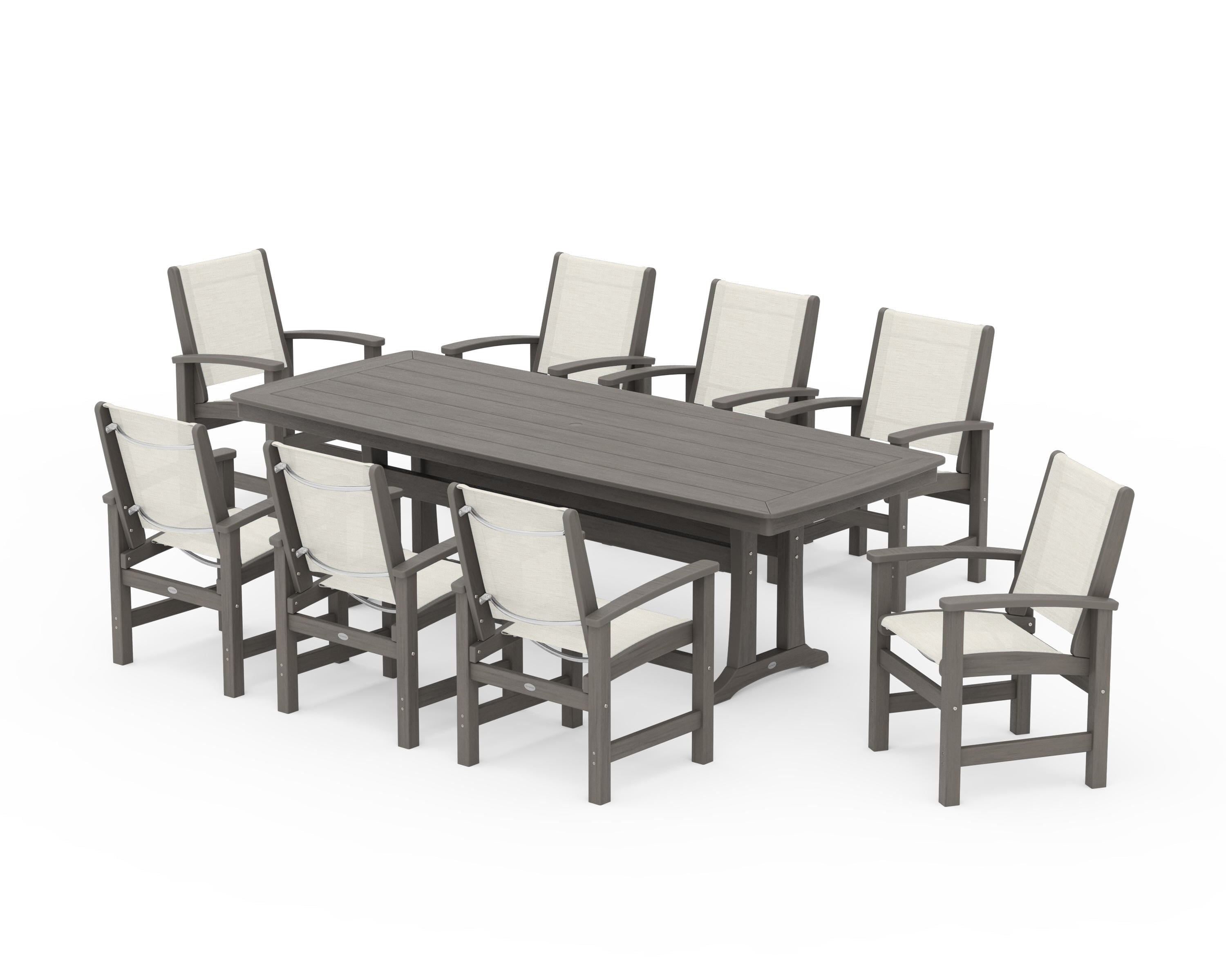 POLYWOOD Coastal 9-Piece Dining Set with Trestle Legs in Driftwood / Parchment Sling