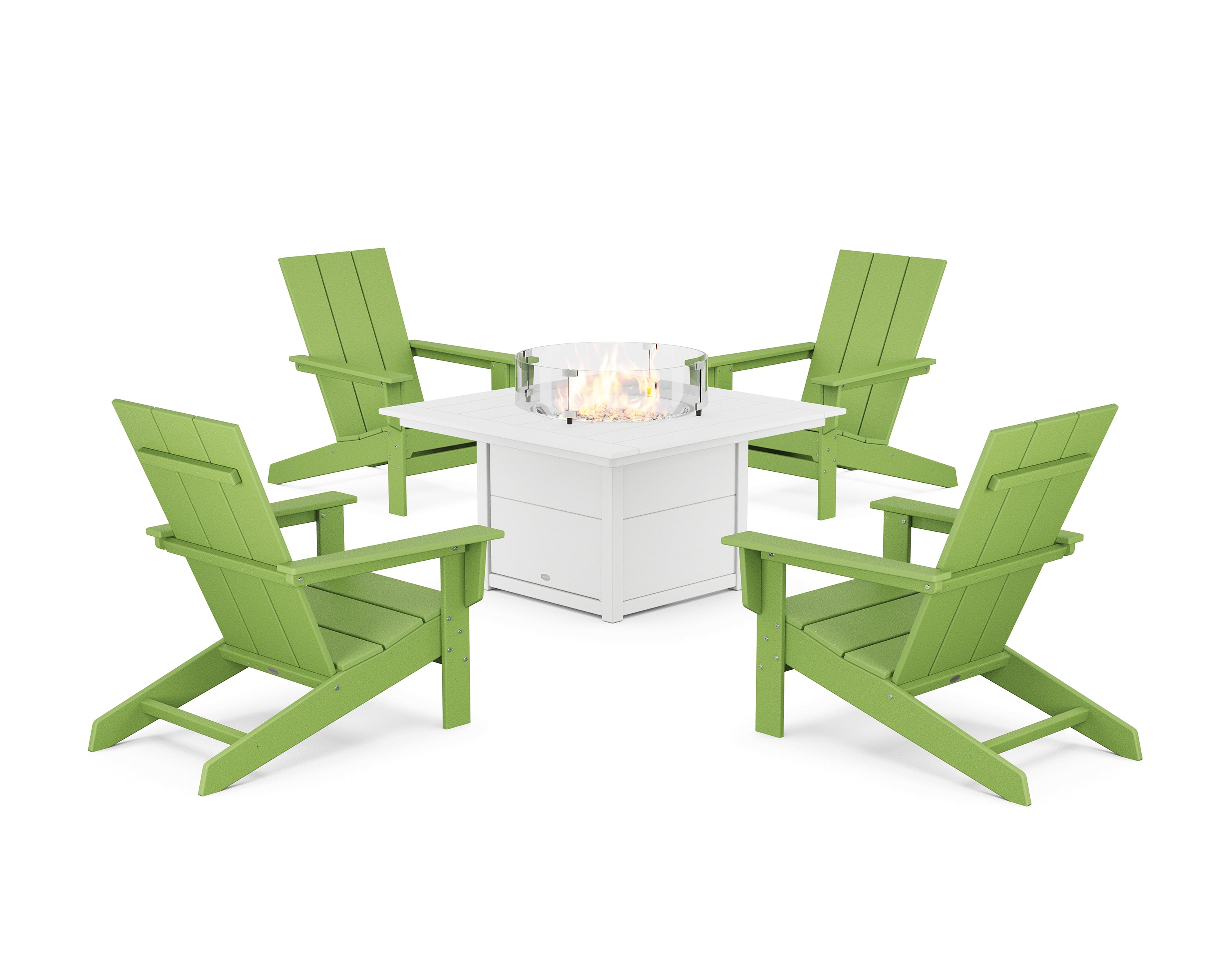 POLYWOOD® 5-Piece Modern Studio Adirondack Conversation Set with Fire Pit Table in Lime / White