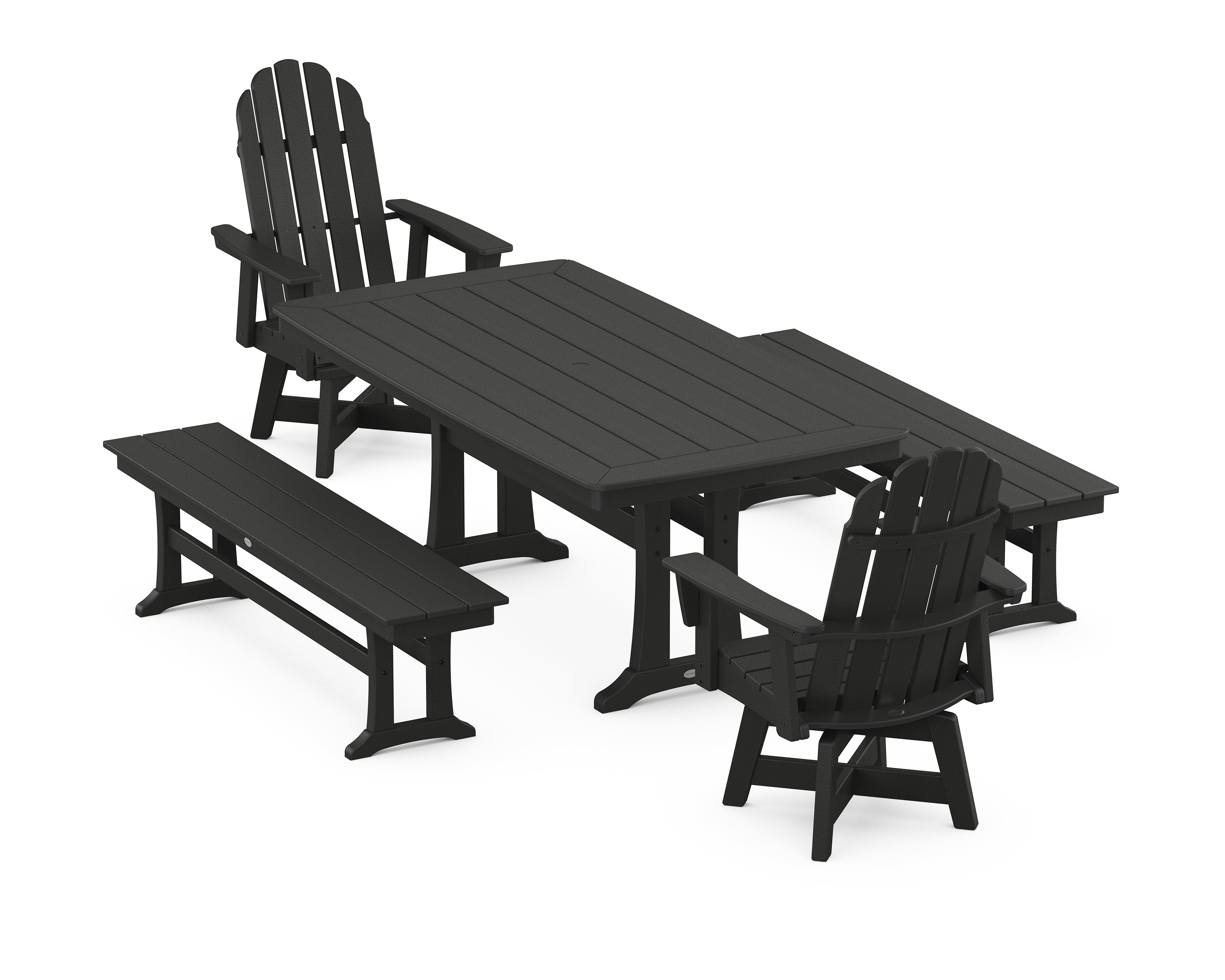 POLYWOOD® Vineyard Adirondack Swivel Chair 5-Piece Dining Set with Trestle Legs and Benches in Black