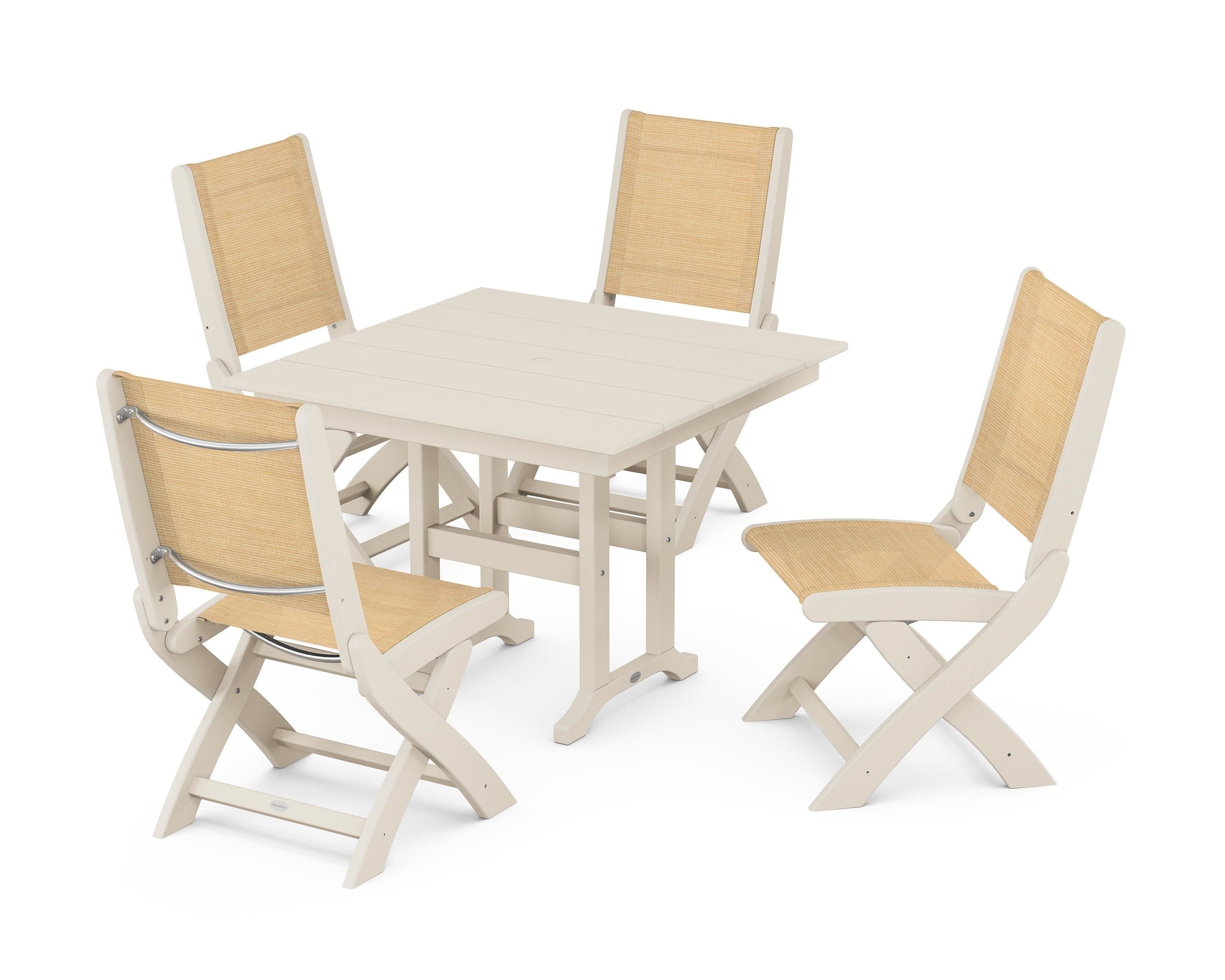 POLYWOOD Coastal Folding Side Chair 5-Piece Farmhouse Dining Set in Sand / Dupioni Apricot Sling