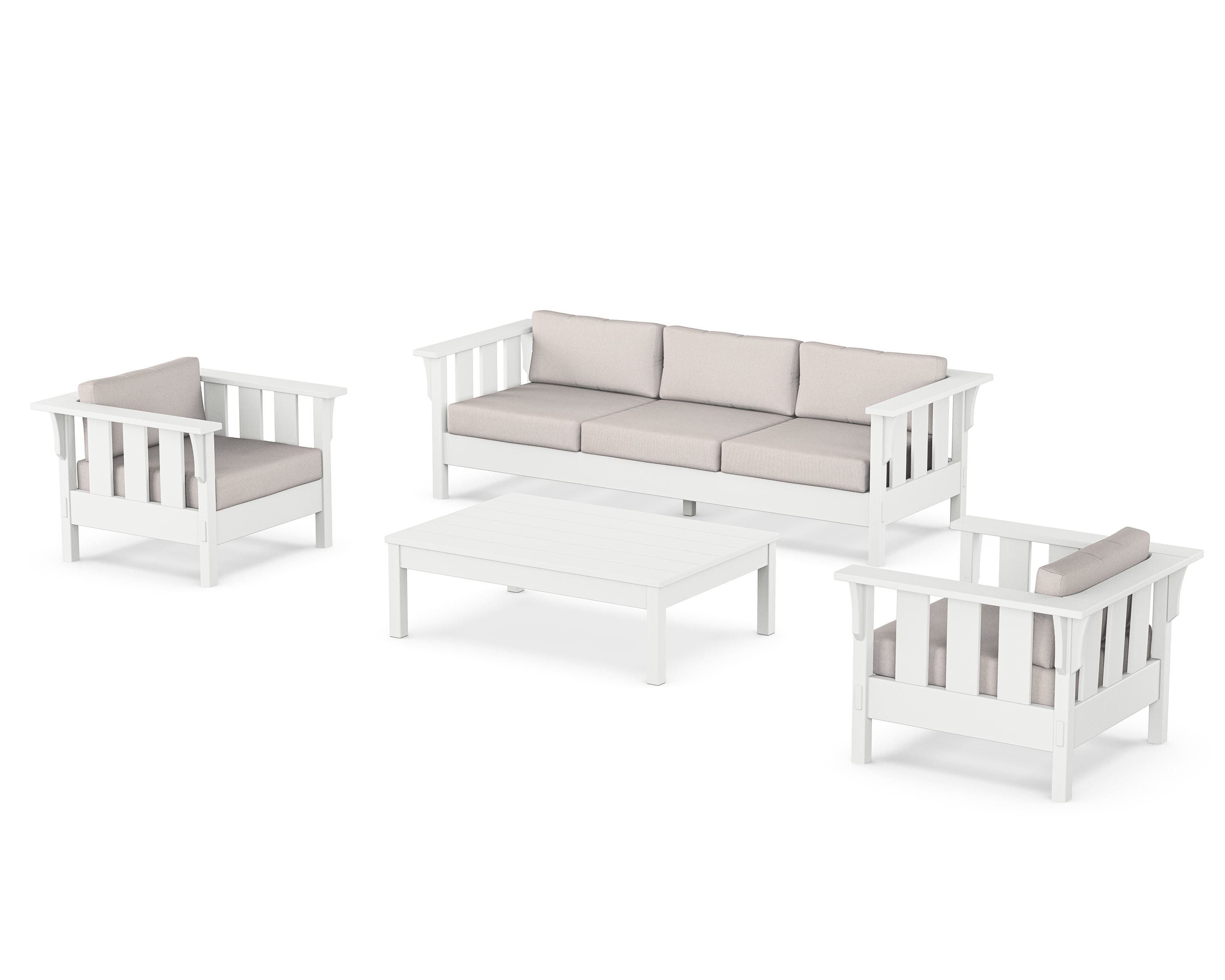 Martha Stewart by POLYWOOD Acadia 4-Piece Deep Seating Set with Sofa in White / Dune Burlap