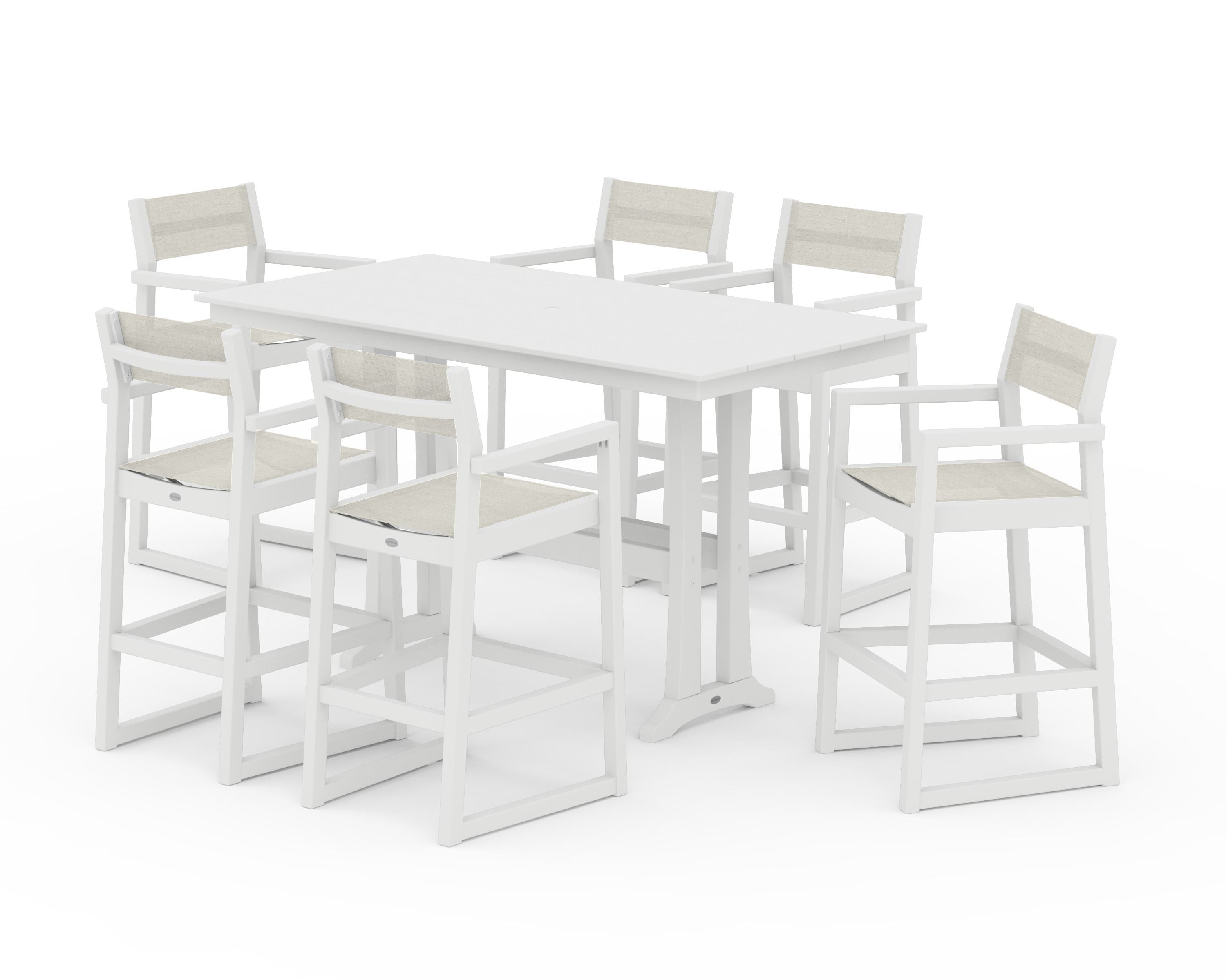 POLYWOOD EDGE Sling Arm Chair 7-Piece Farmhouse Bar Set with Trestle Legs in White / Parchment Sling