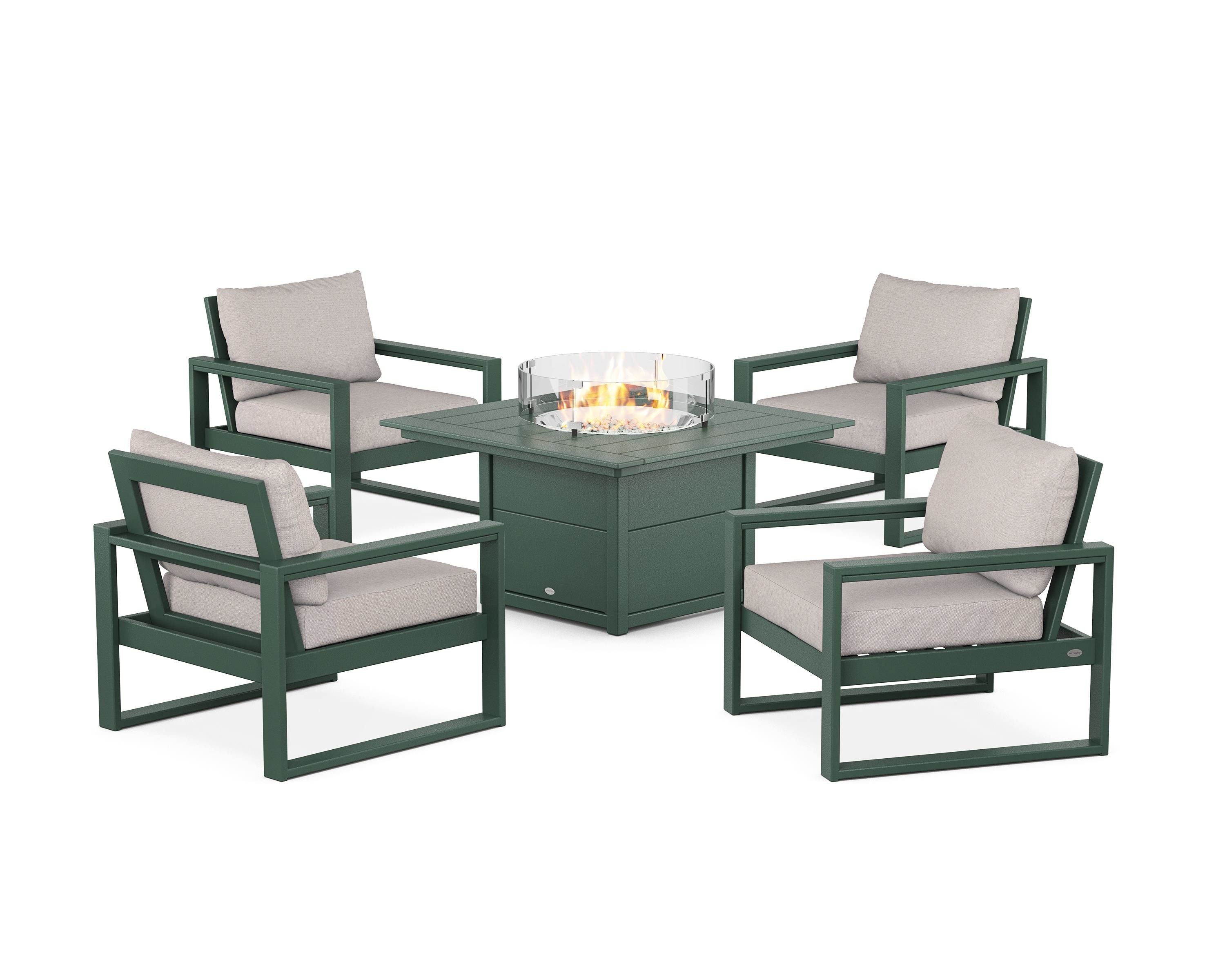 POLYWOOD EDGE Sectional 5-Piece Deep Seating Set with Fire Pit Table in Green / Dune Burlap