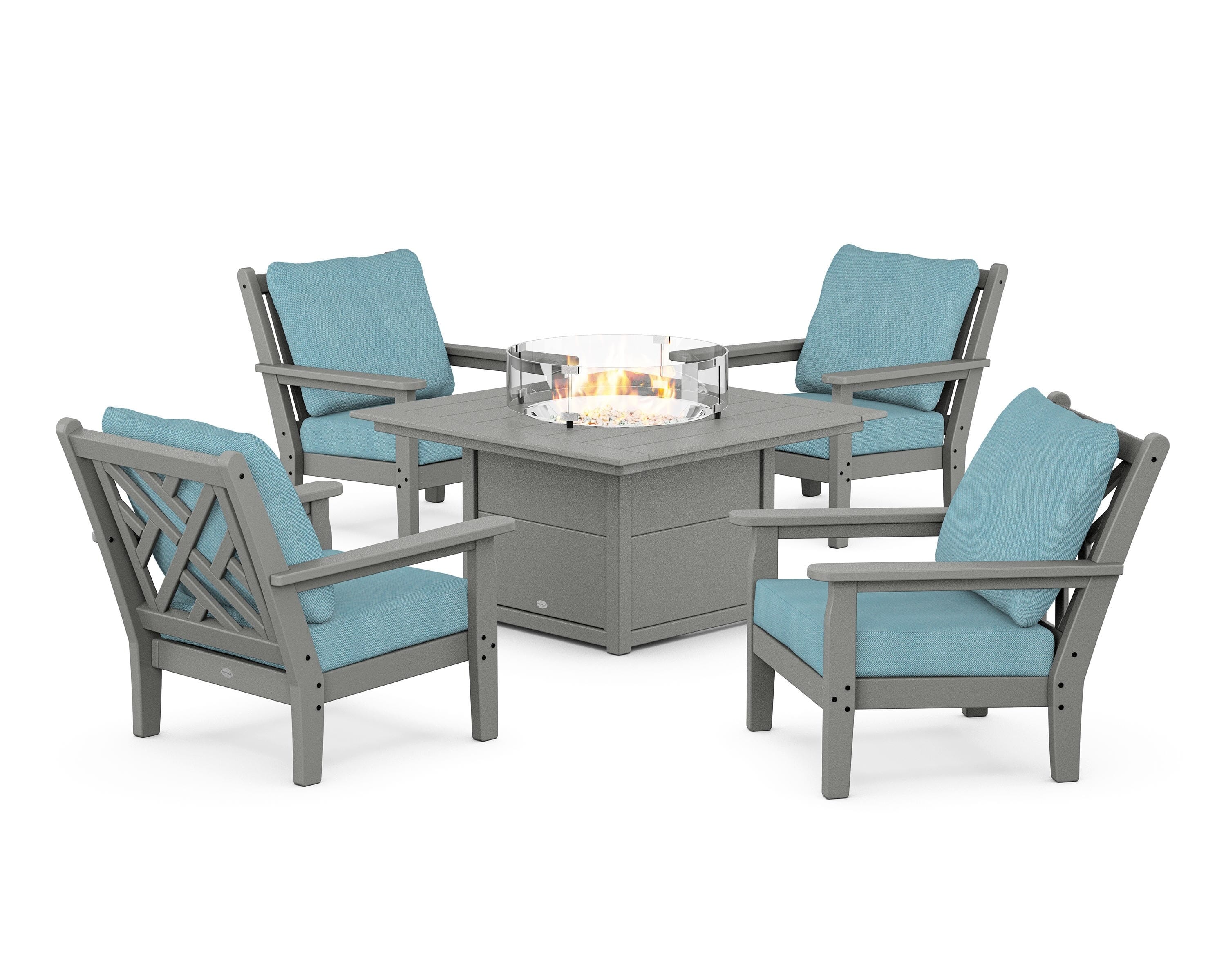 POLYWOOD Chippendale 5-Piece Deep Seating Set with Fire Pit Table in Slate Grey / Lattice Sky Blue