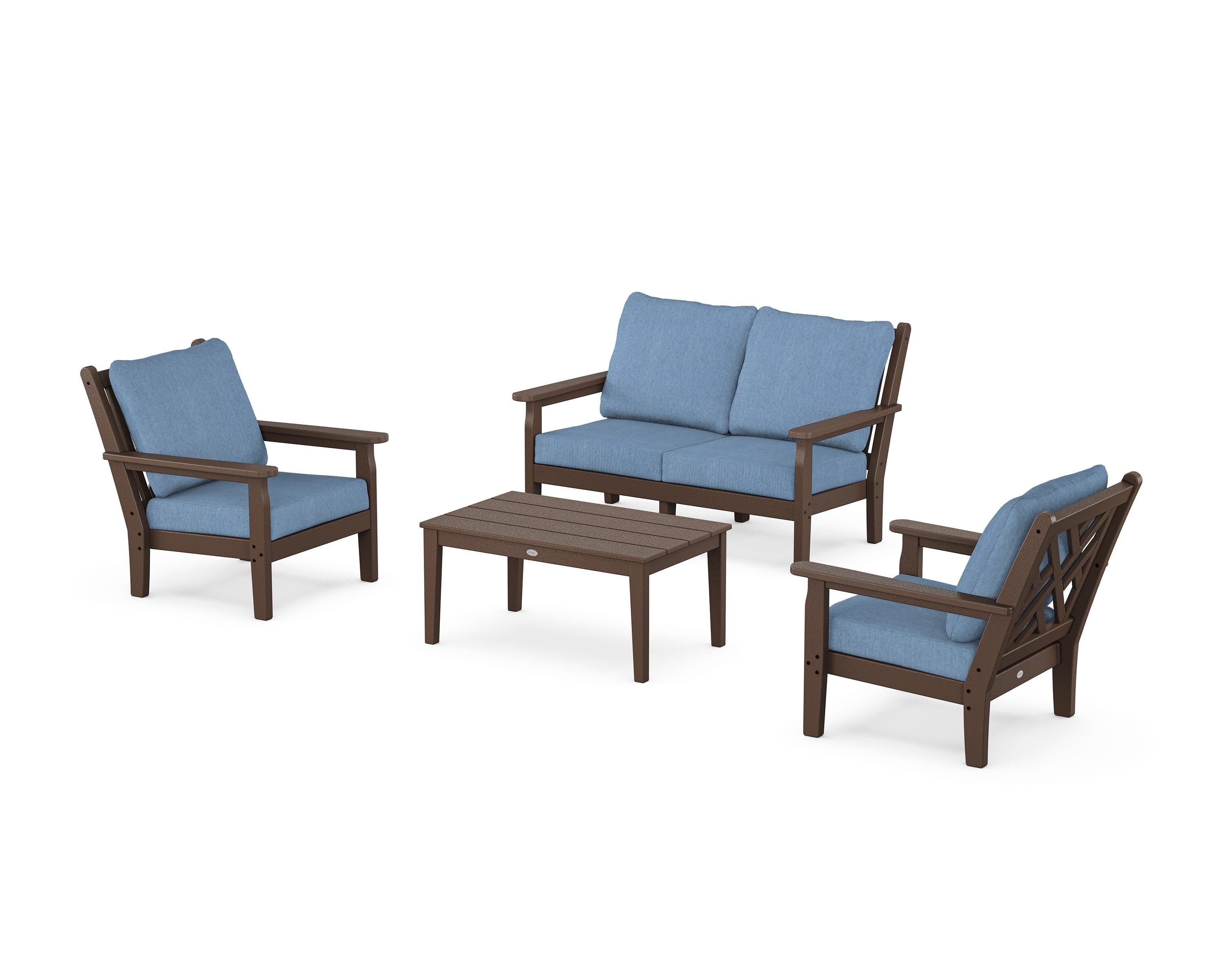 POLYWOOD Chippendale 4-Piece Deep Seating Set with Loveseat in Mahogany / Sky Blue