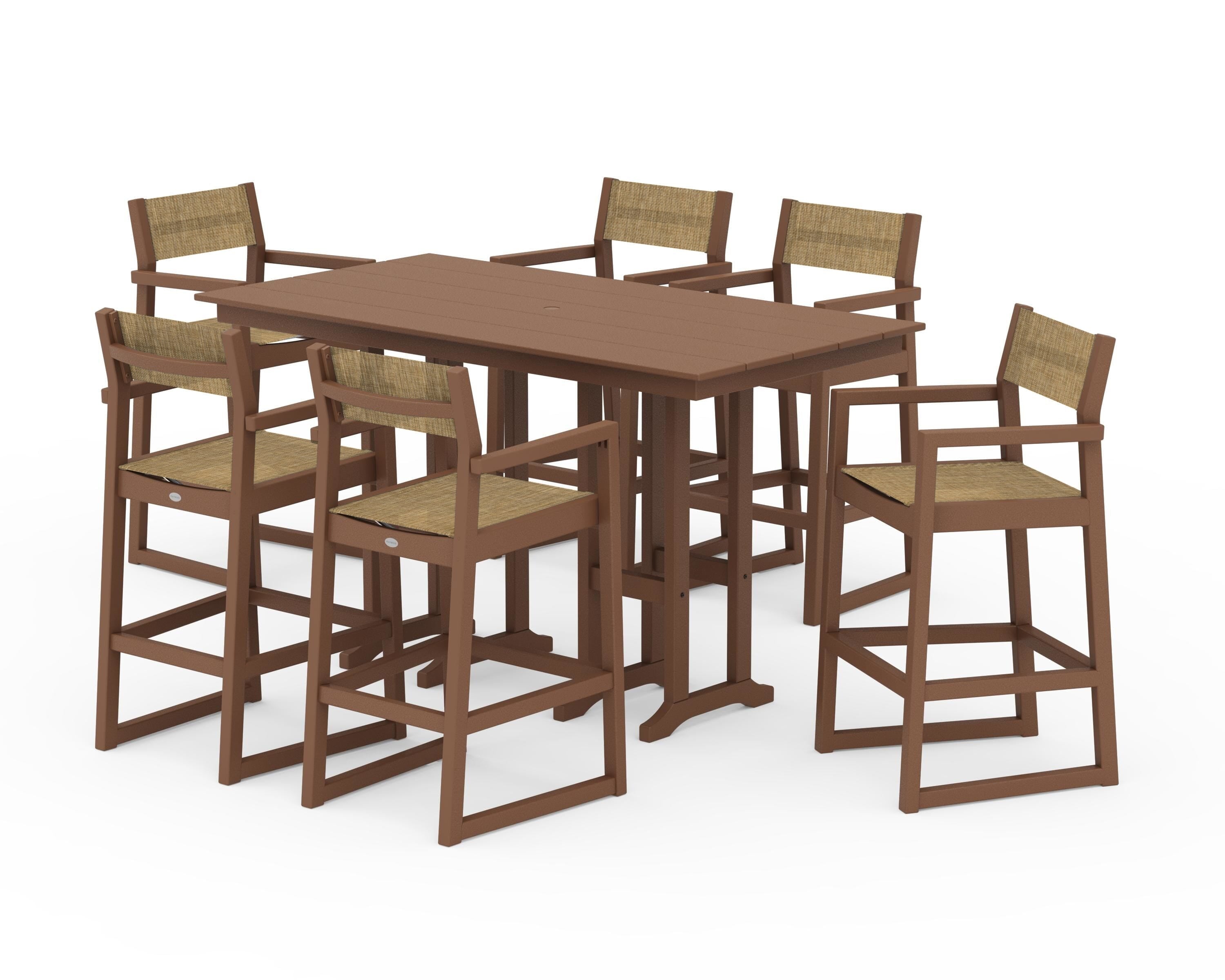 POLYWOOD EDGE Sling Arm Chair 7-Piece Farmhouse Bar Set in Teak / Burlap Sling