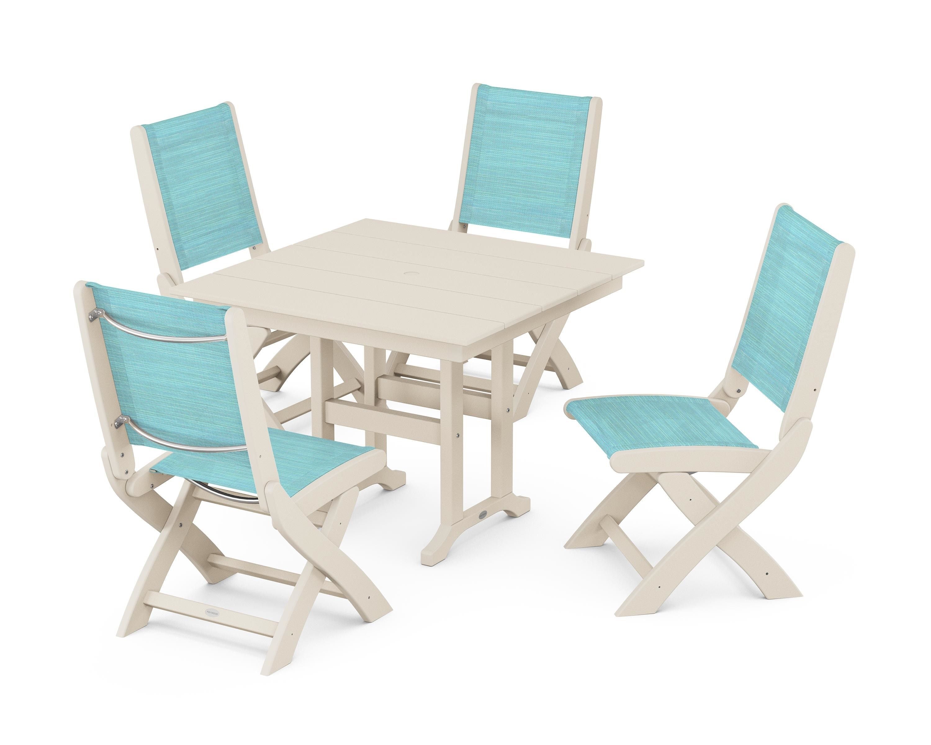 POLYWOOD Coastal Folding Side Chair 5-Piece Farmhouse Dining Set in Sand / Dupioni Aquamarine Sling