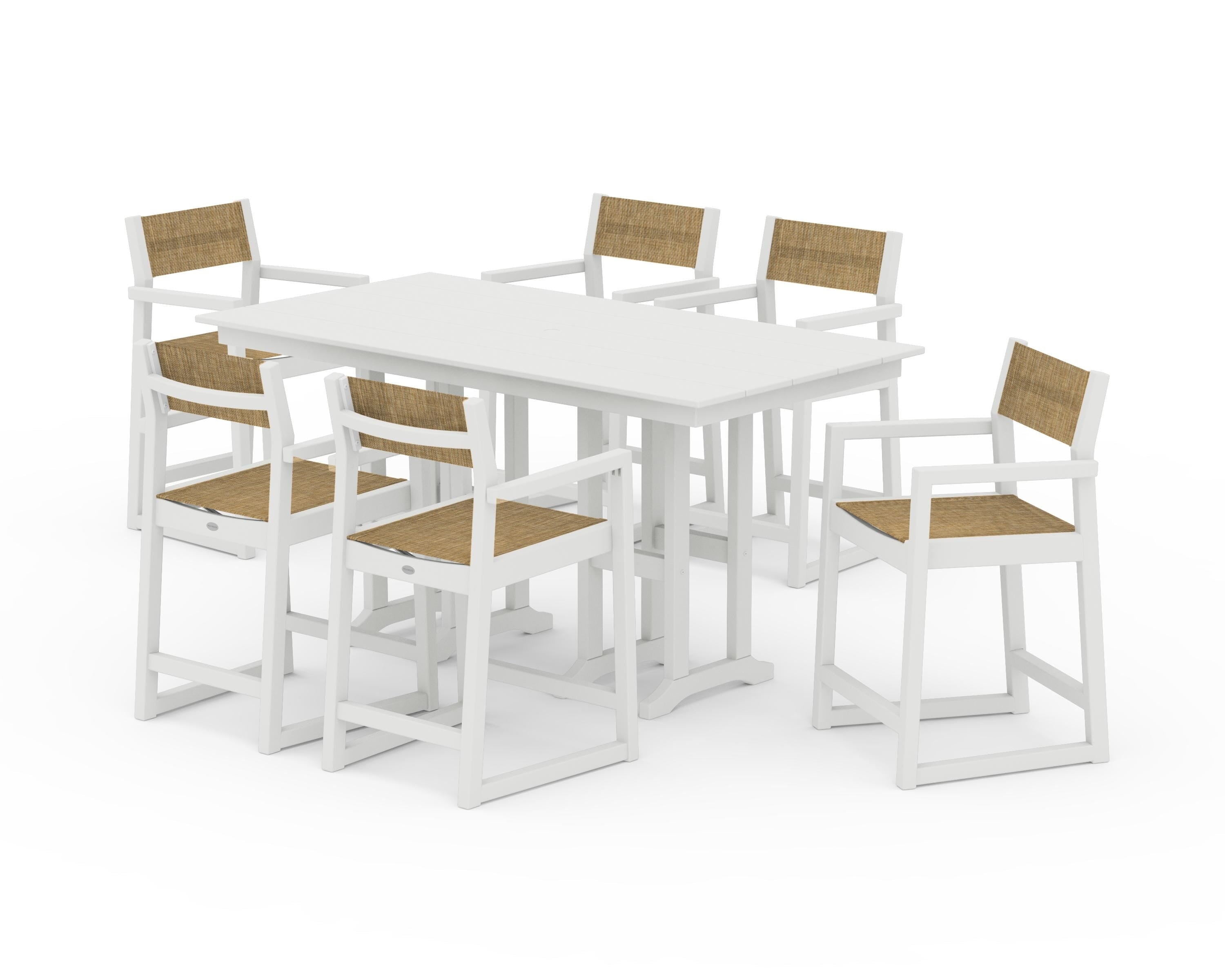 POLYWOOD EDGE Sling Arm Chair 7-Piece Farmhouse Counter Set in Vintage White / Burlap Sling