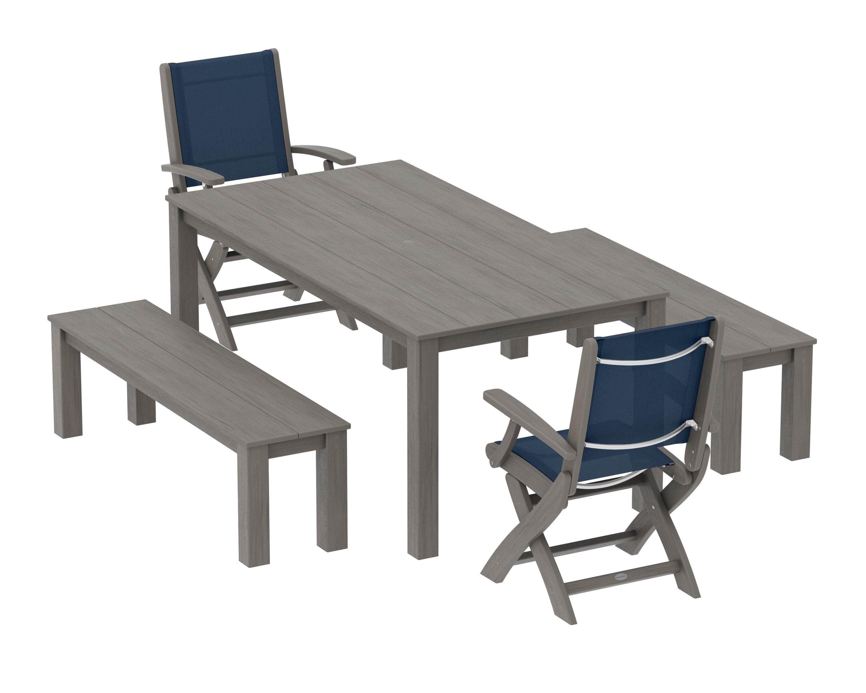 POLYWOOD Coastal Folding Chair 5-Piece Parsons Dining Set with Benches in Driftwood / Navy Blue Sling