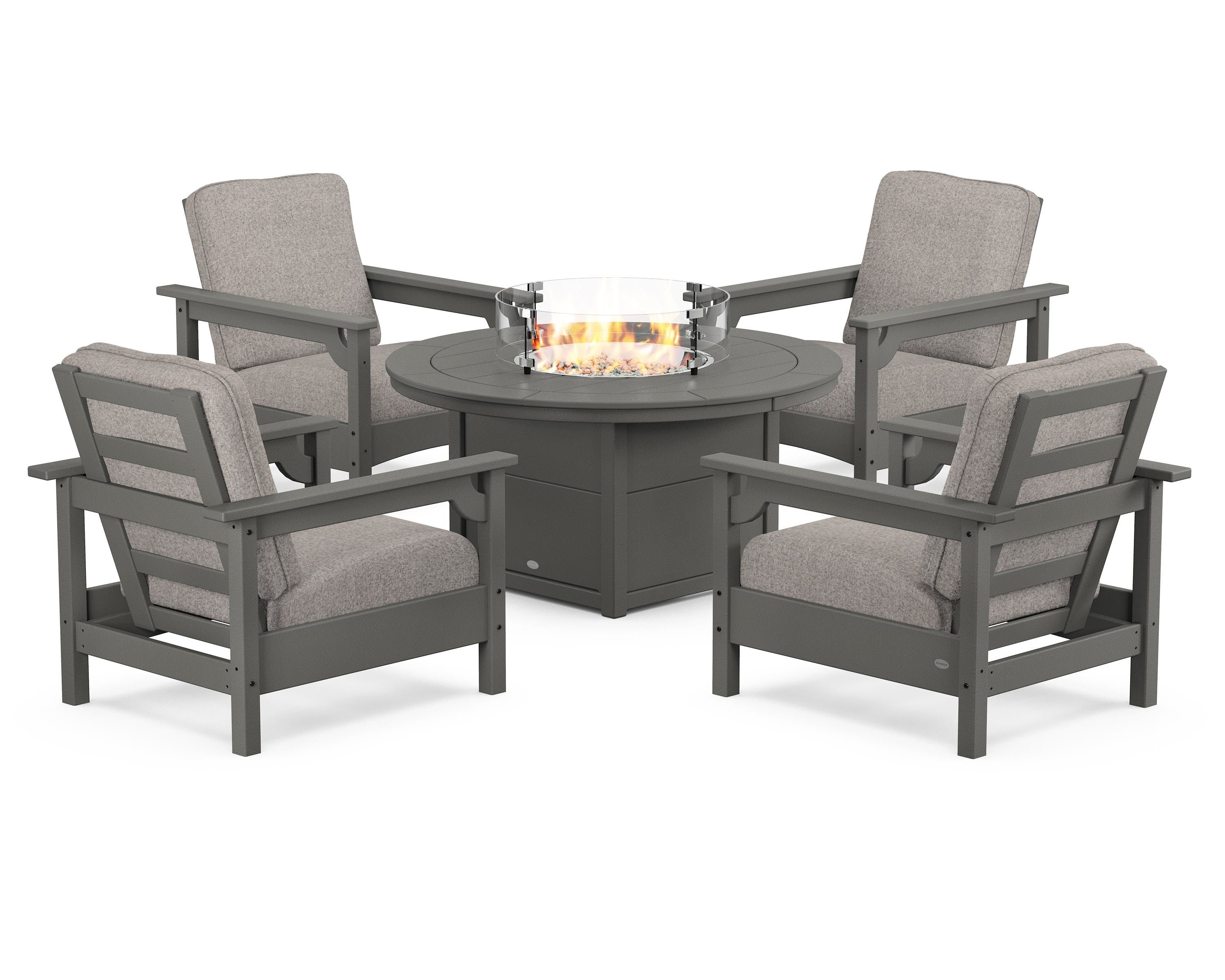 POLYWOOD Club 5-Piece Conversation Set with Fire Pit Table in Slate Grey / Weathered Tweed