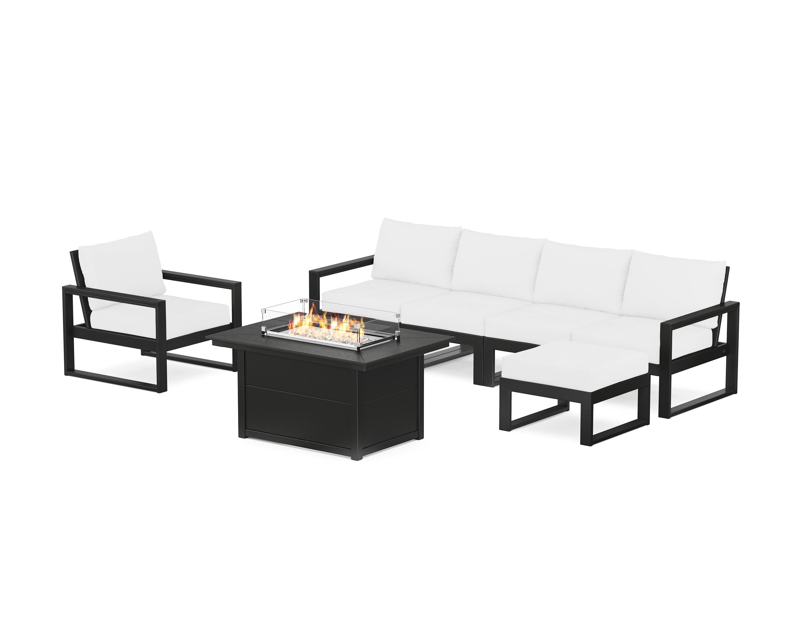 POLYWOOD EDGE Sectional Lounge and Fire Pit Set in Black / Natural