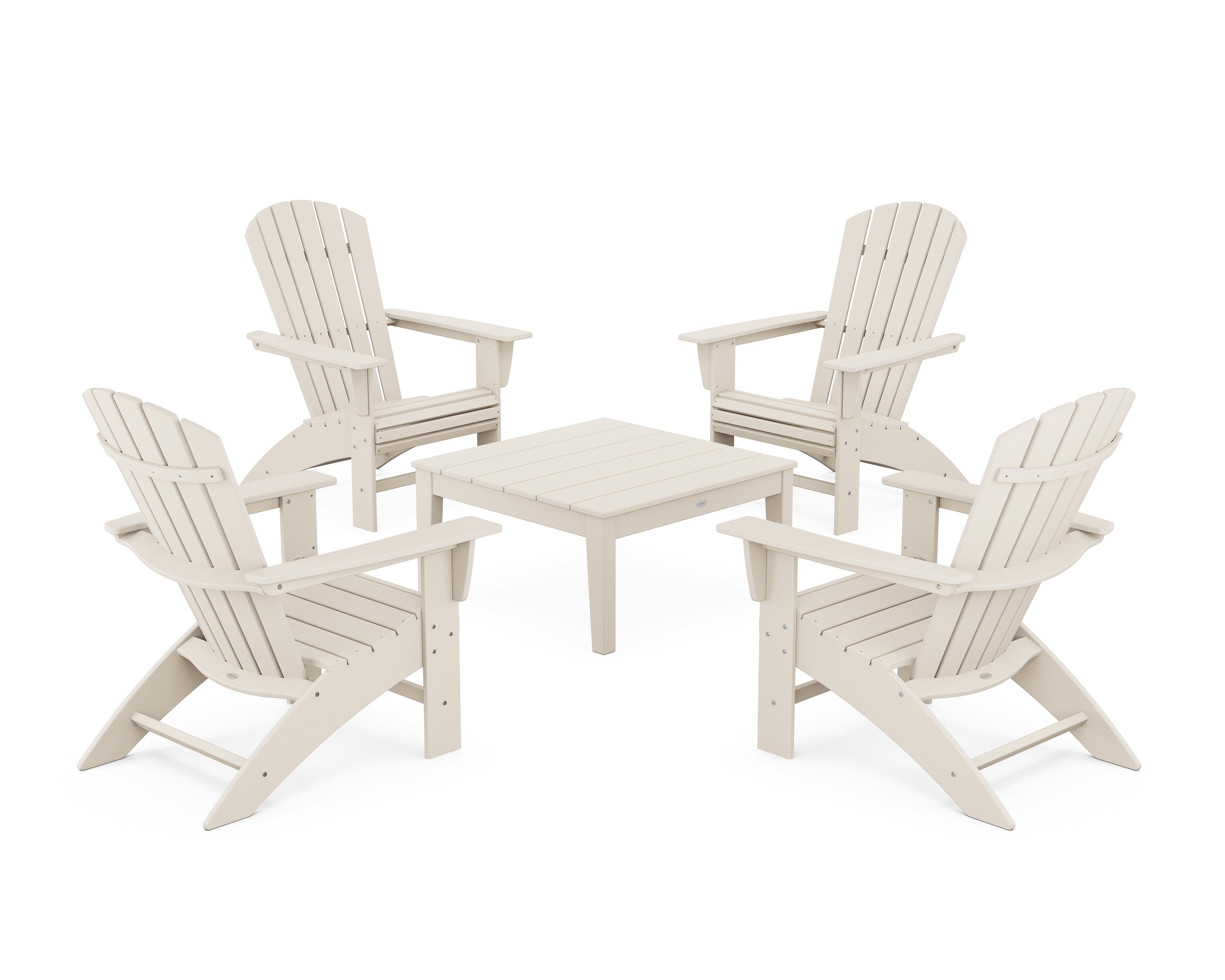 POLYWOOD® 5-Piece Nautical Curveback Adirondack Chair Conversation Set with 36" Conversation Table in Sand