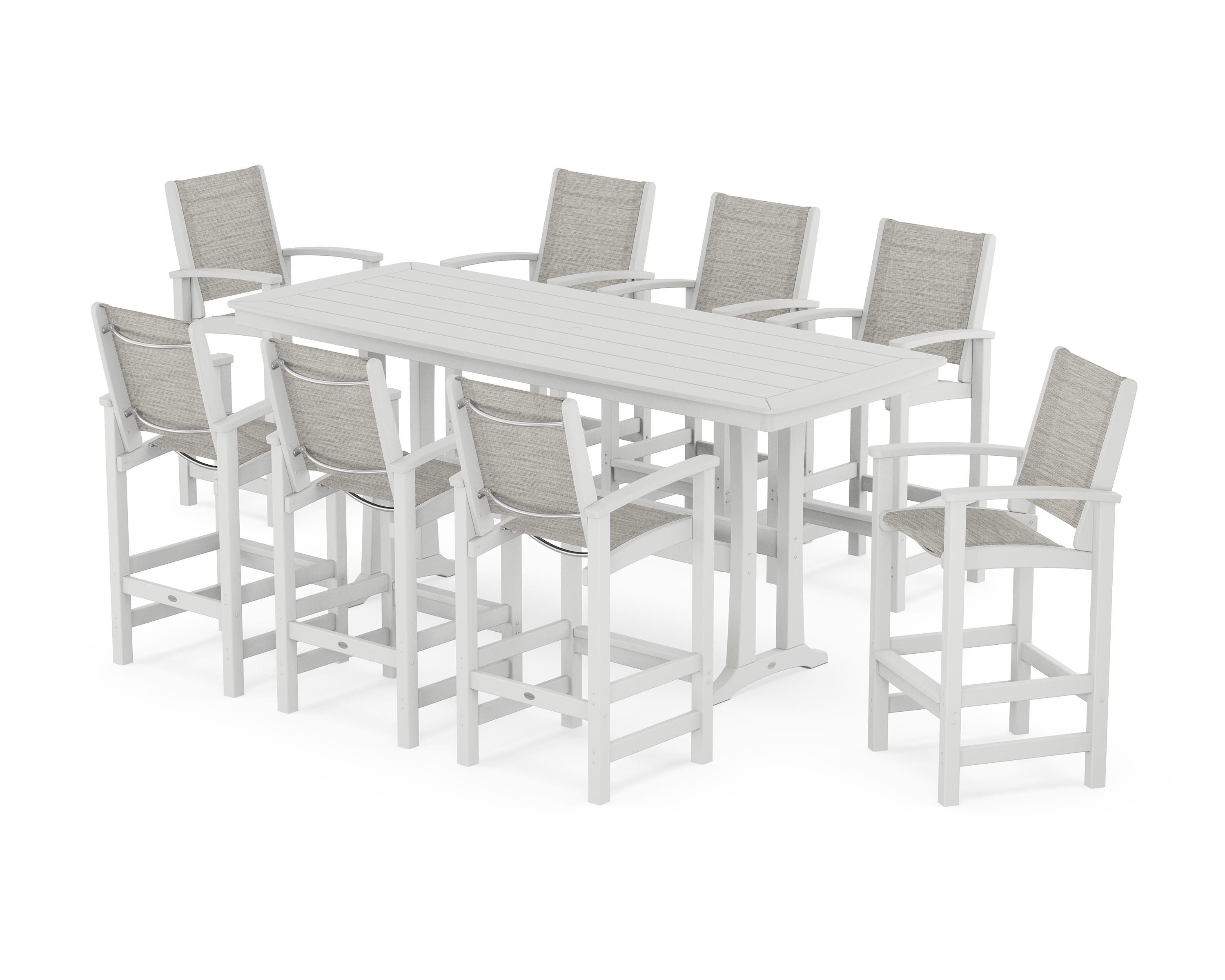 POLYWOOD Coastal 9-Piece Bar Set with Trestle Legs in White / Birch Sling
