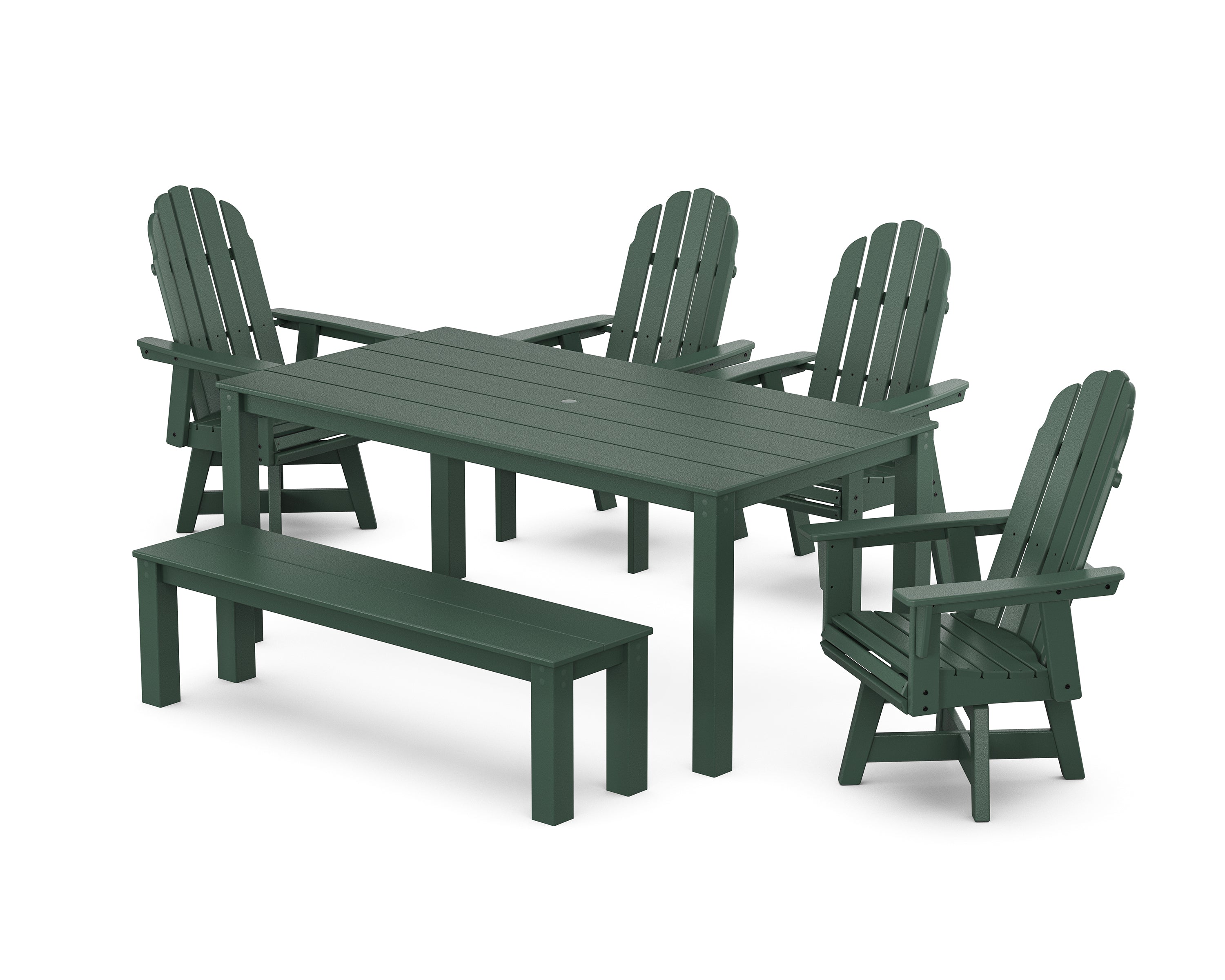 POLYWOOD® Vineyard Curveback Adirondack 6-Piece Parsons Swivel Dining Set with Bench in Green