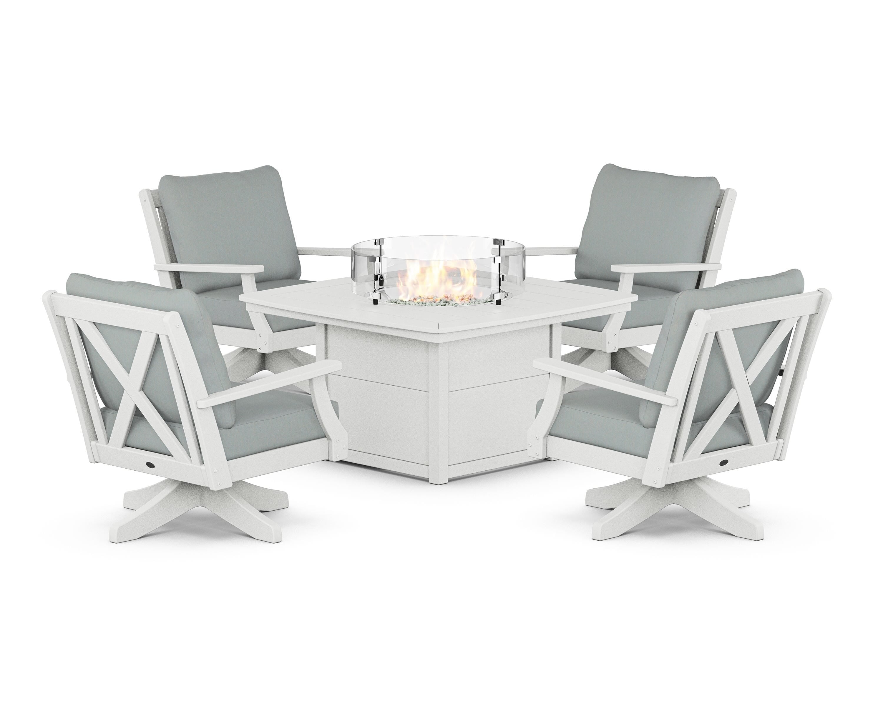 POLYWOOD Braxton 5-Piece Deep Seating Swivel Conversation Set with Fire Pit Table in Vintage White / Spa