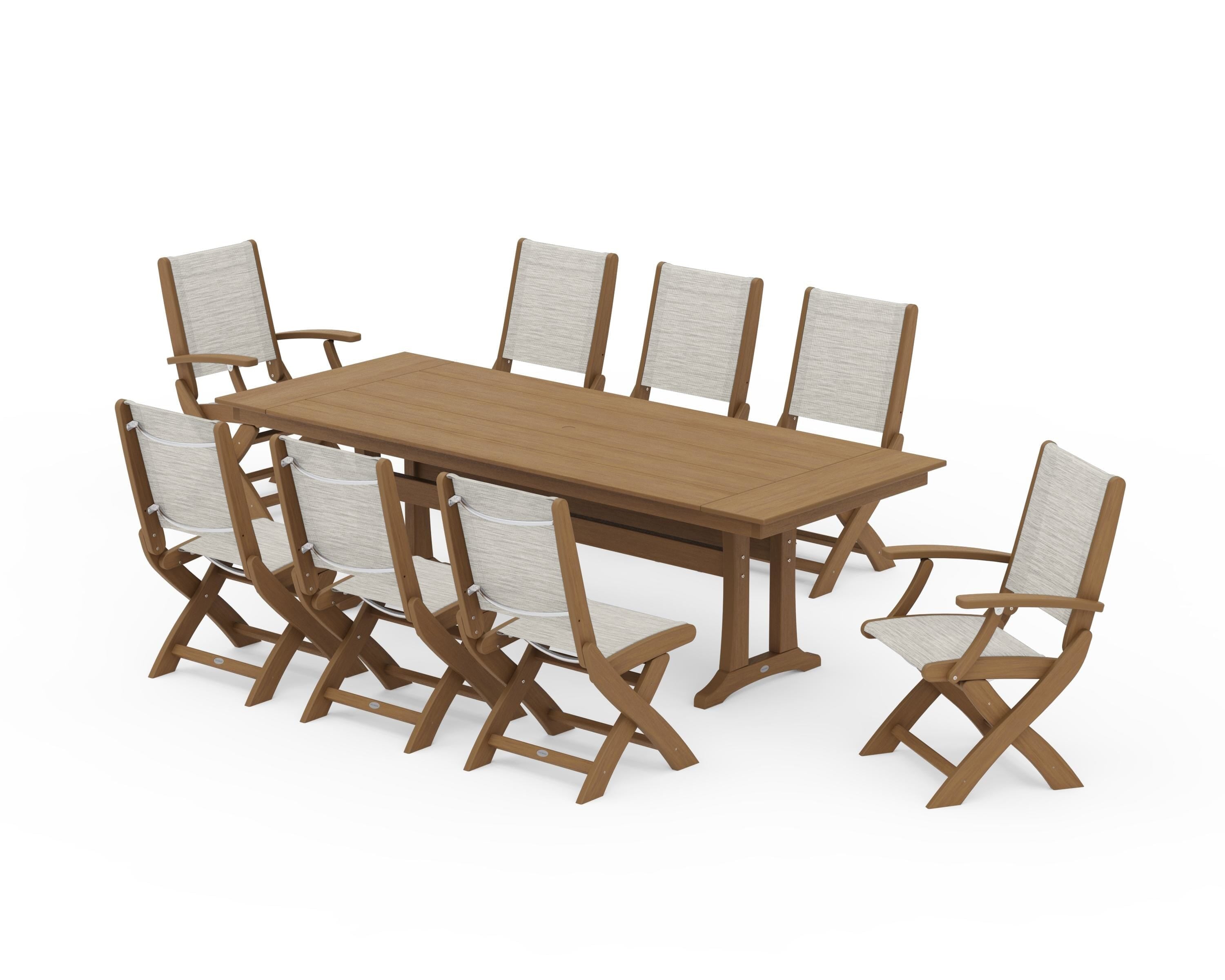 POLYWOOD Coastal 9-Piece Folding Dining Chair Farmhouse Dining Set with Trestle Legs in Natural / Birch Sling