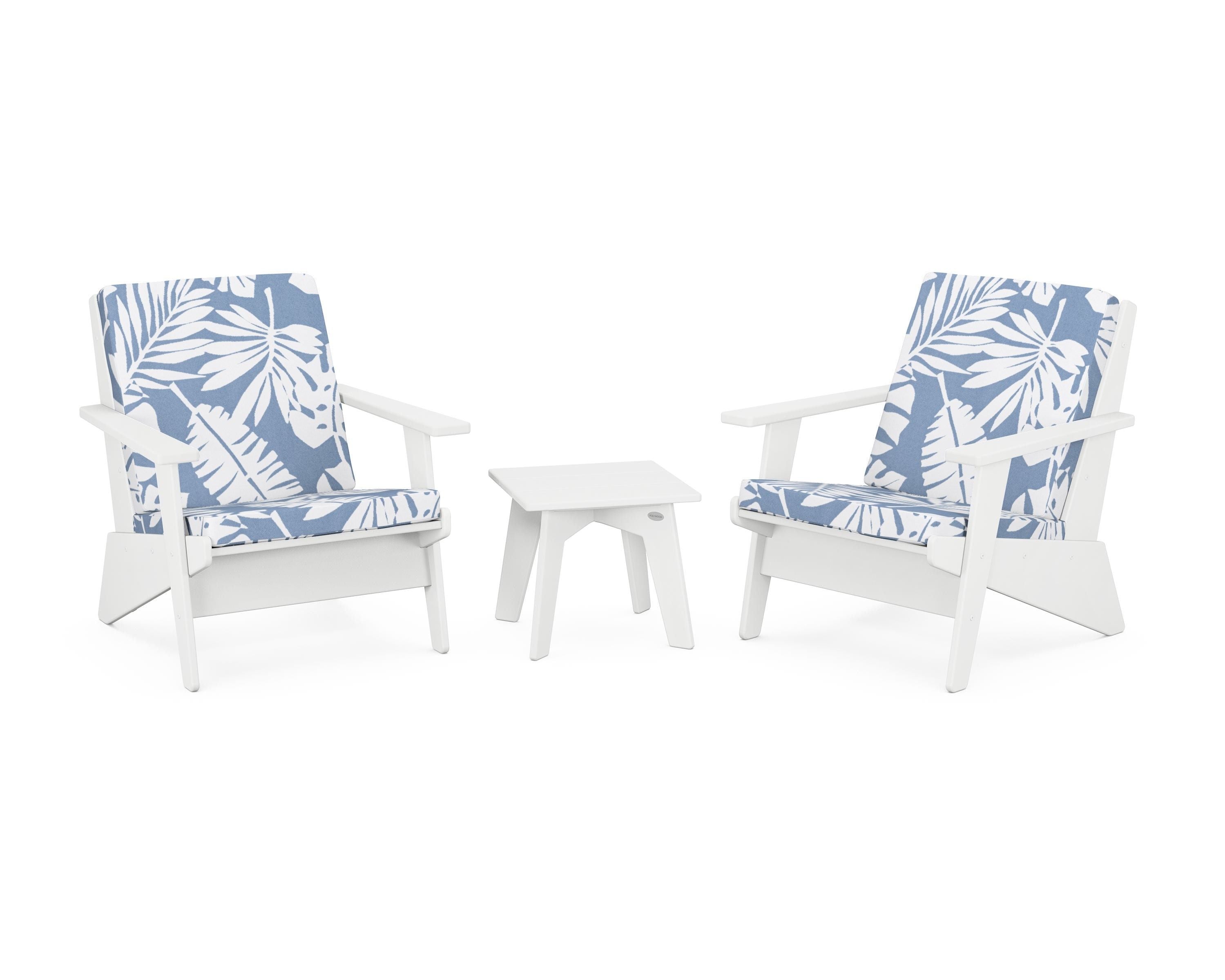 POLYWOOD Riviera Modern Lounge 3-Piece Set in White / Leaf Sky Blue