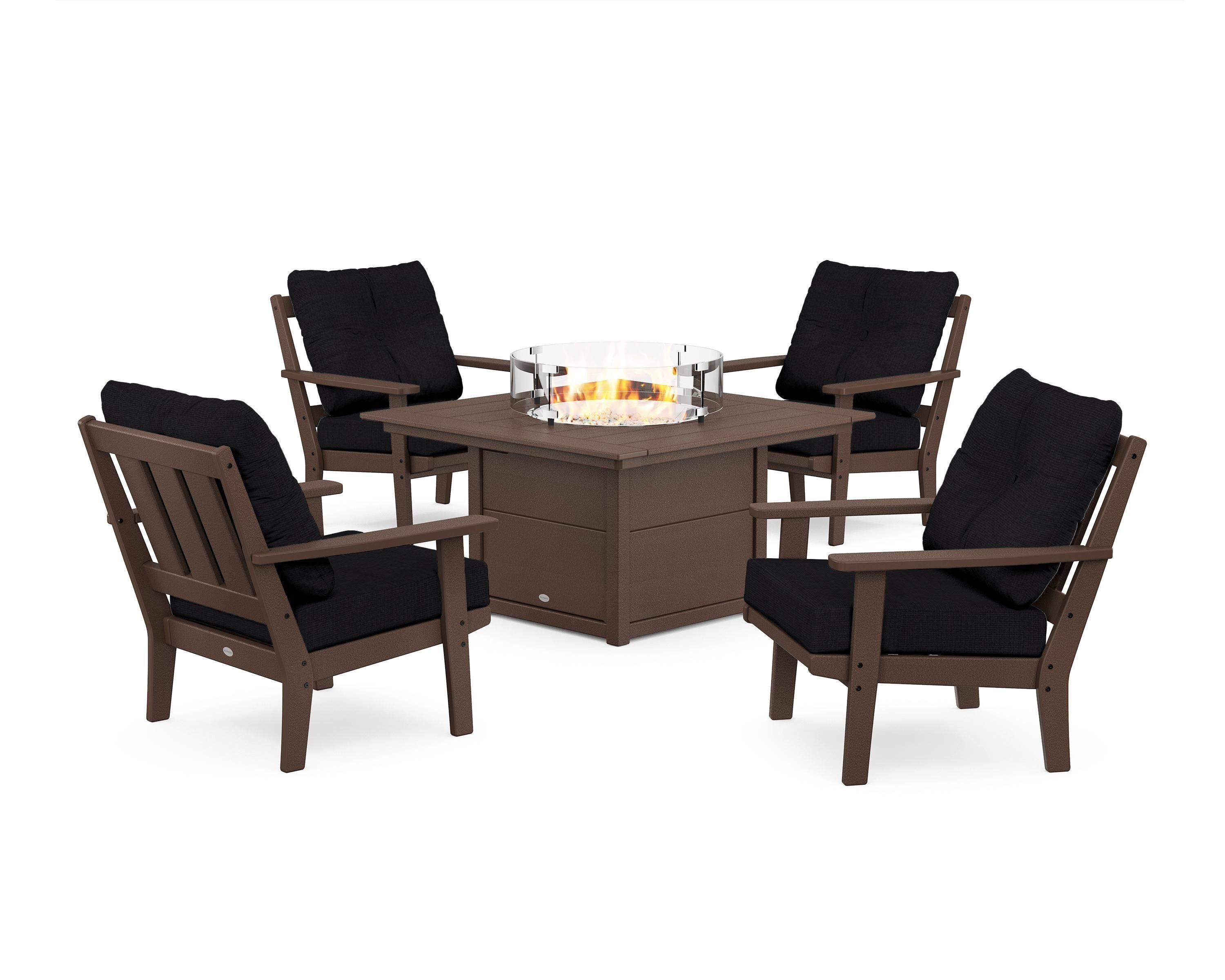 POLYWOOD Oxford 5-Piece Deep Seating Set with Fire Pit Table in Mahogany / Midnight Linen