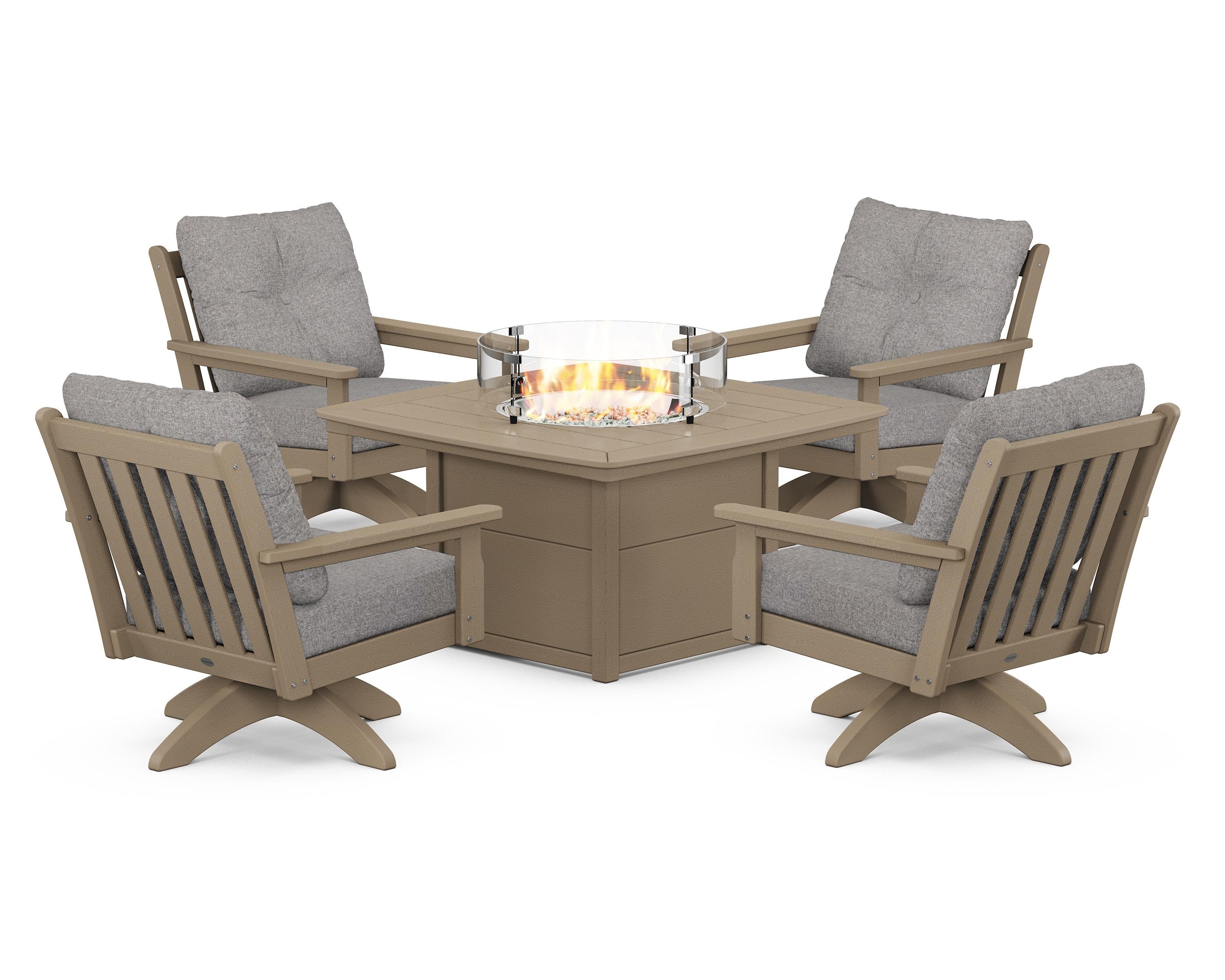 POLYWOOD Vineyard 5-Piece Deep Seating Swivel Conversation Set with Fire Pit Table in Vintage Sahara / Grey Mist