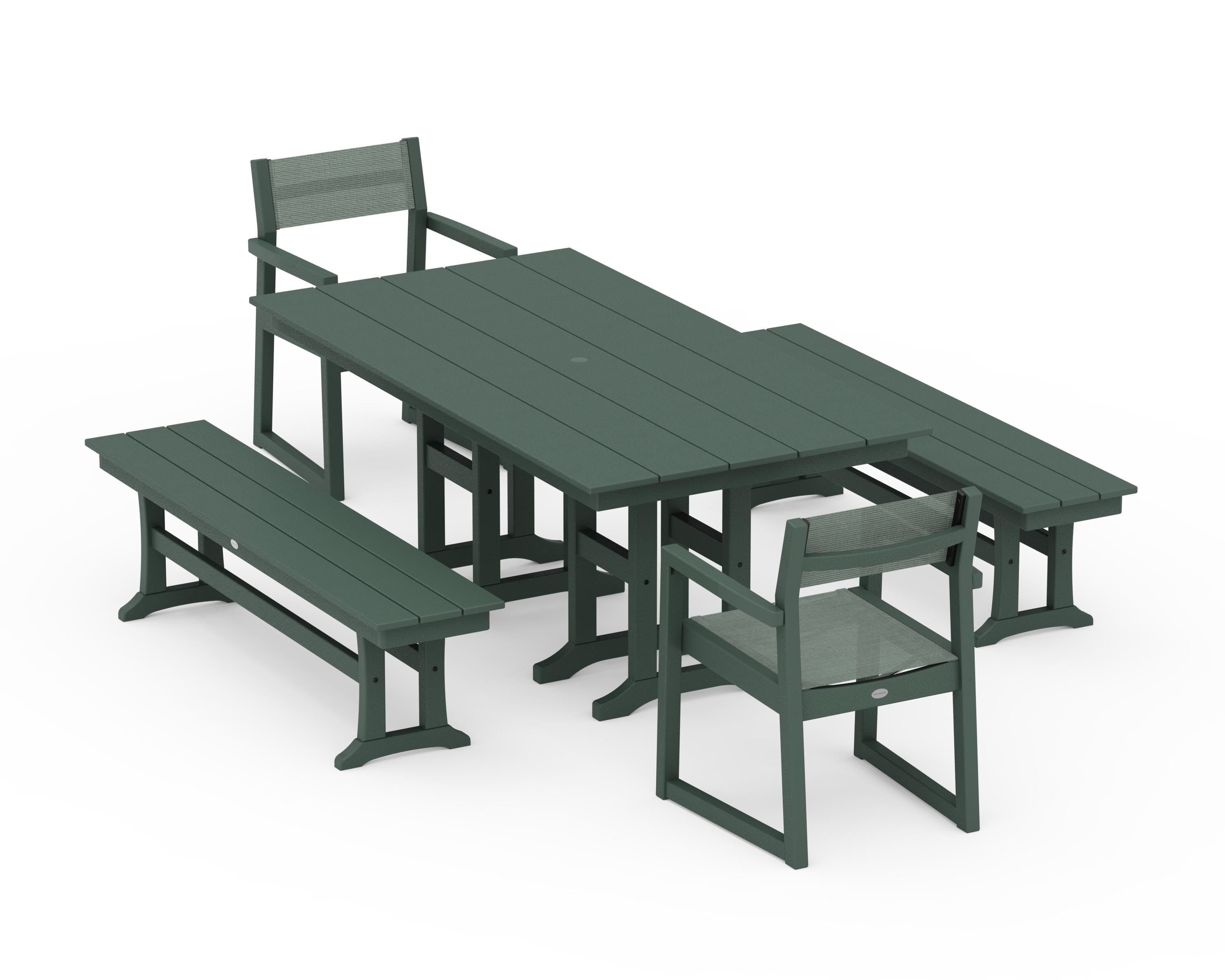POLYWOOD EDGE Sling Arm Chair 5-Piece Farmhouse Dining Set with Benches in Green / Dupioni Sea Mist Sling
