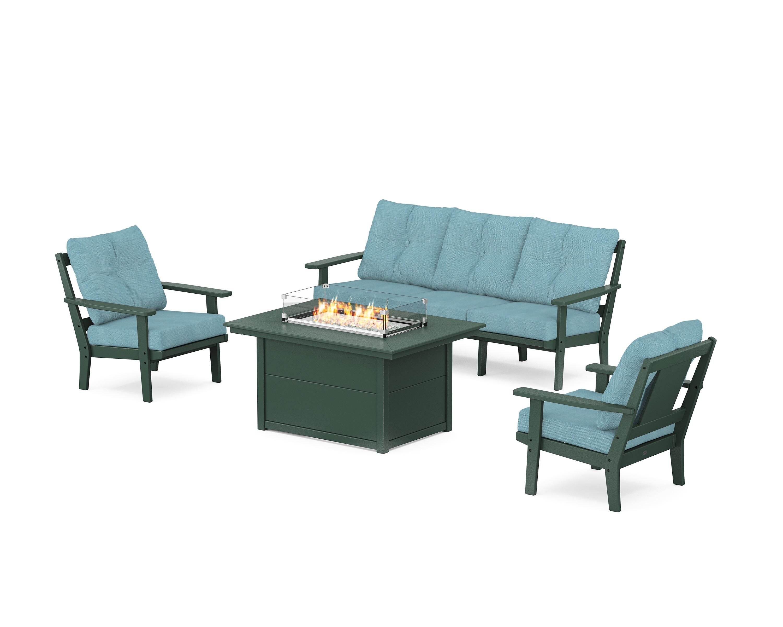 POLYWOOD Prairie Deep Seating Fire Pit Table Set in Green / Lattice Sky Blue