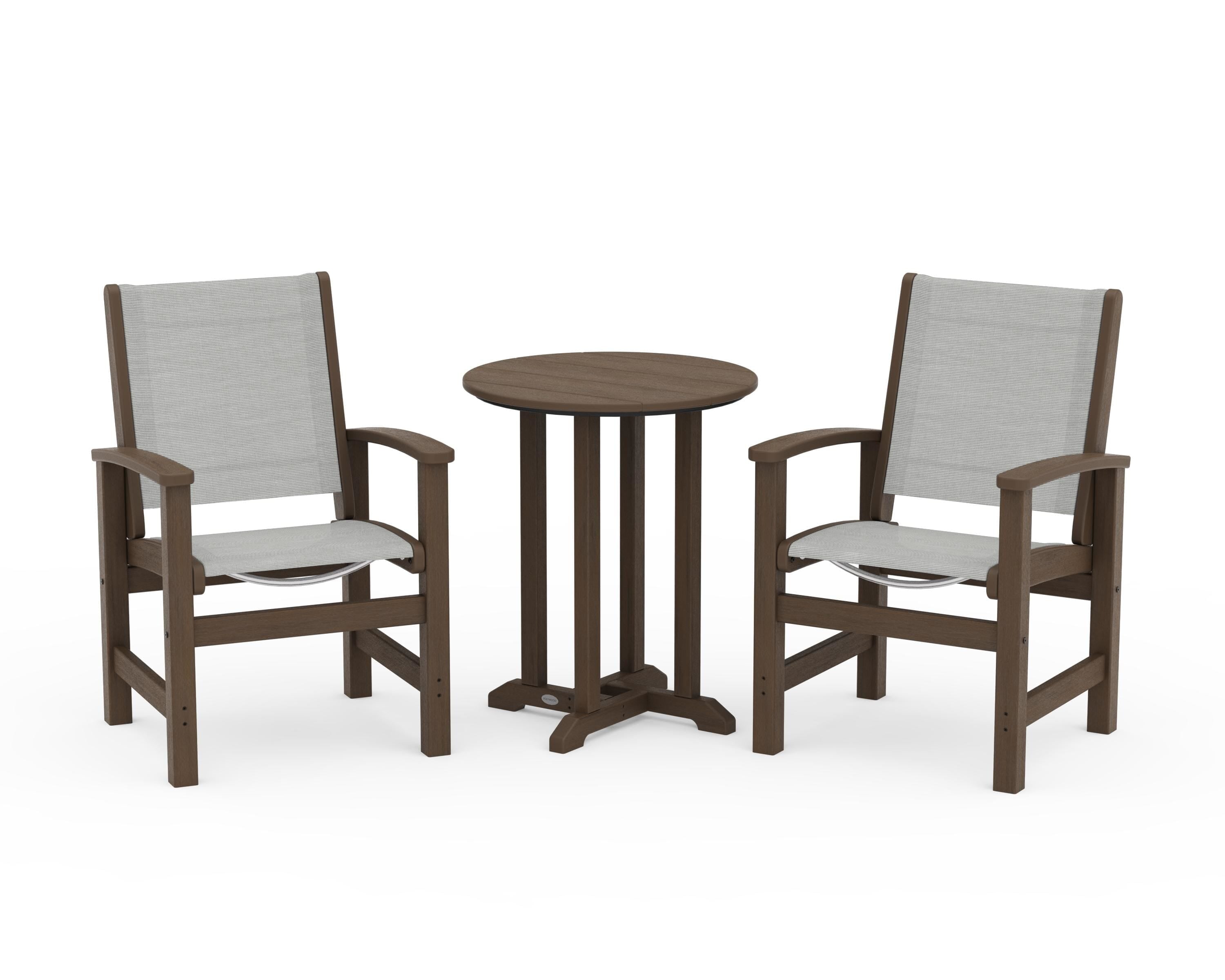 POLYWOOD Coastal 3-Piece Round Bistro Dining Set in Kona / Metallic Sling