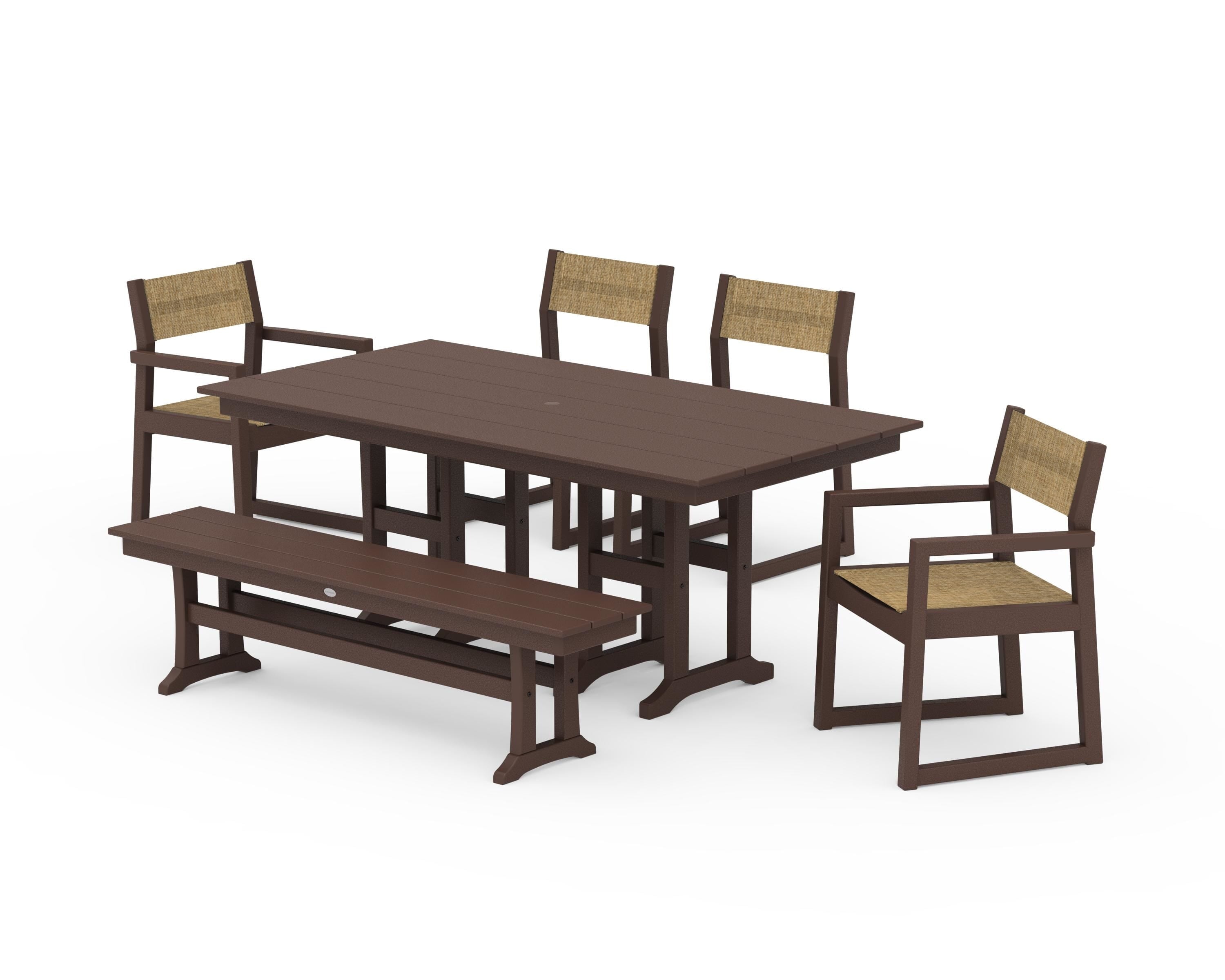 POLYWOOD EDGE Sling 6-Piece Farmhouse Dining Set in Mahogany / Burlap Sling