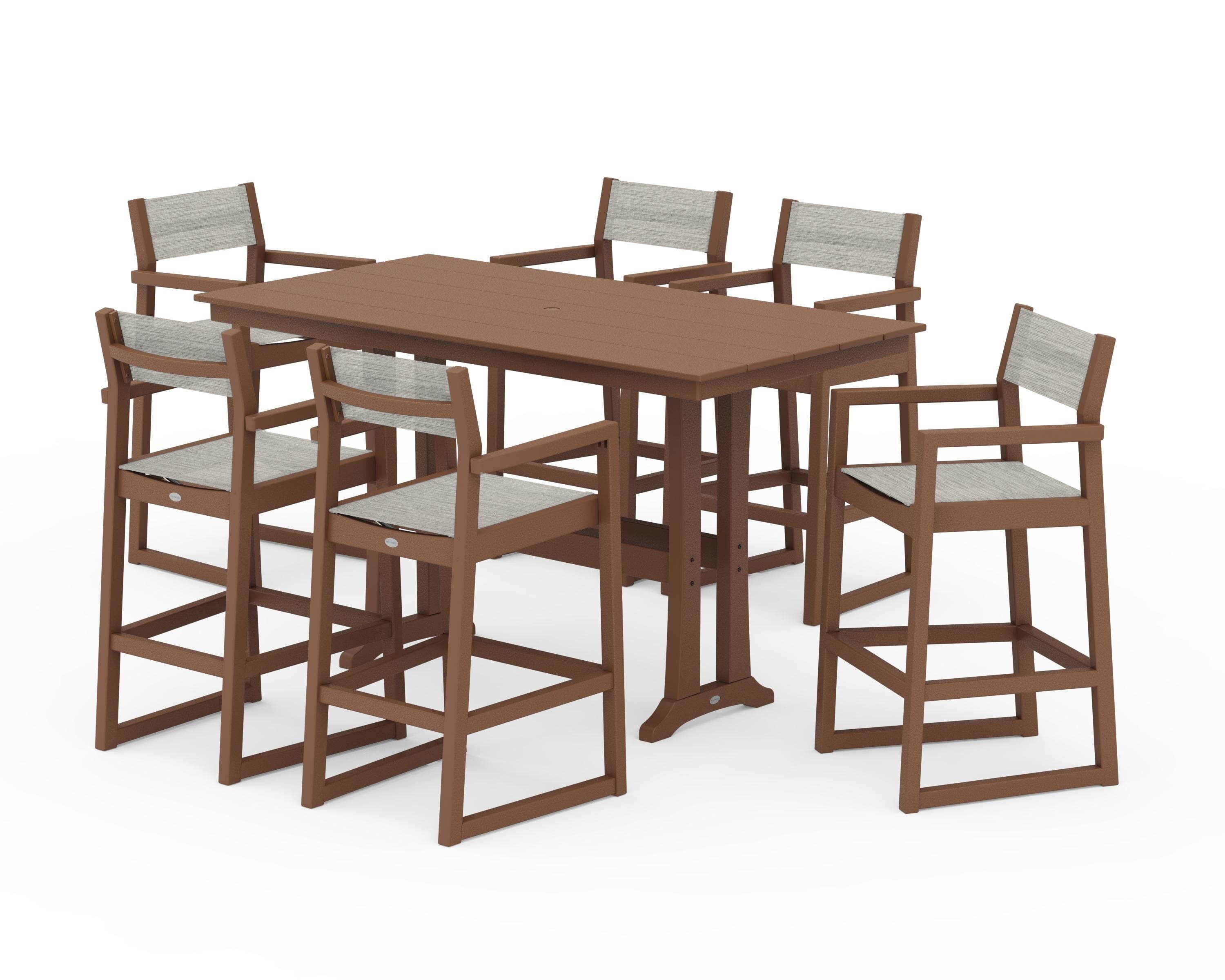 POLYWOOD EDGE Sling Arm Chair 7-Piece Farmhouse Bar Set with Trestle Legs in Teak / Birch Sling