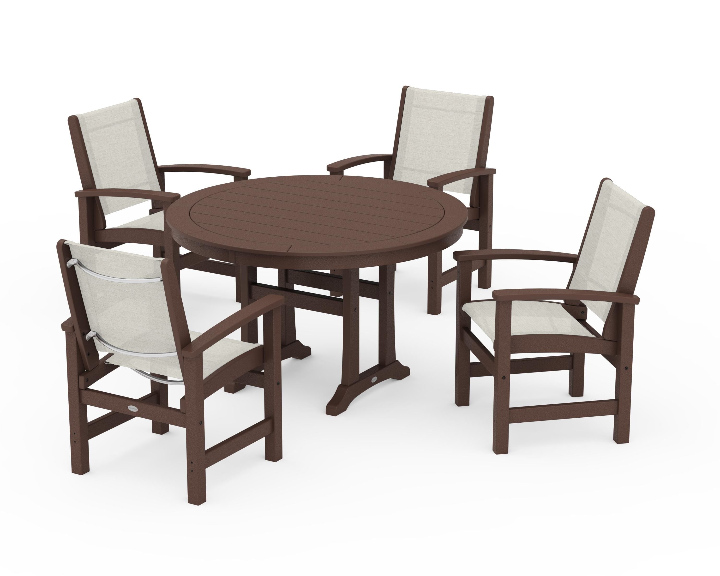POLYWOOD Coastal 5-Piece Round Dining Set with Trestle Legs in Mahogany / Parchment Sling