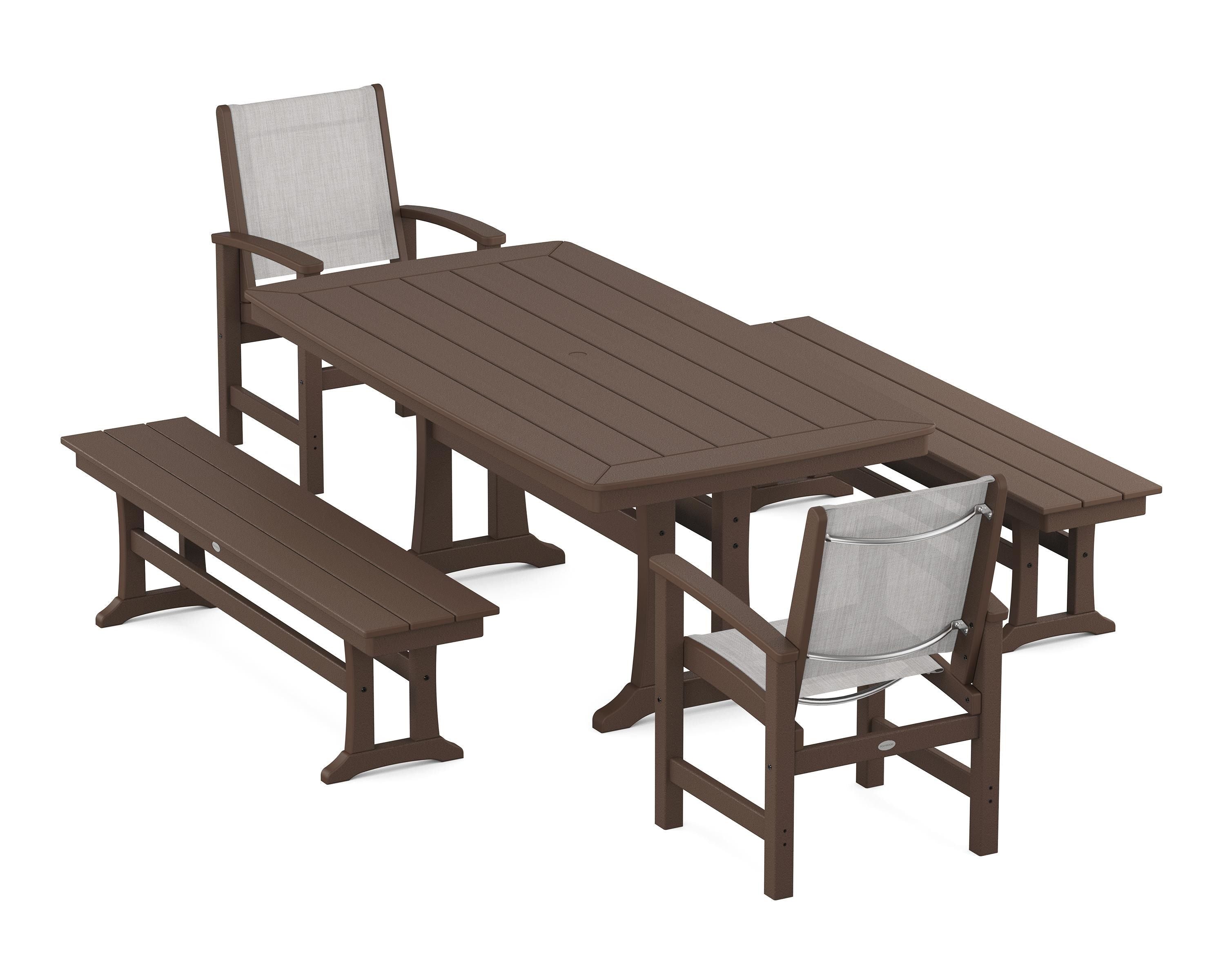 POLYWOOD Coastal 5-Piece Dining Set with Trestle Legs and Benches in Mahogany / Parchment Sling