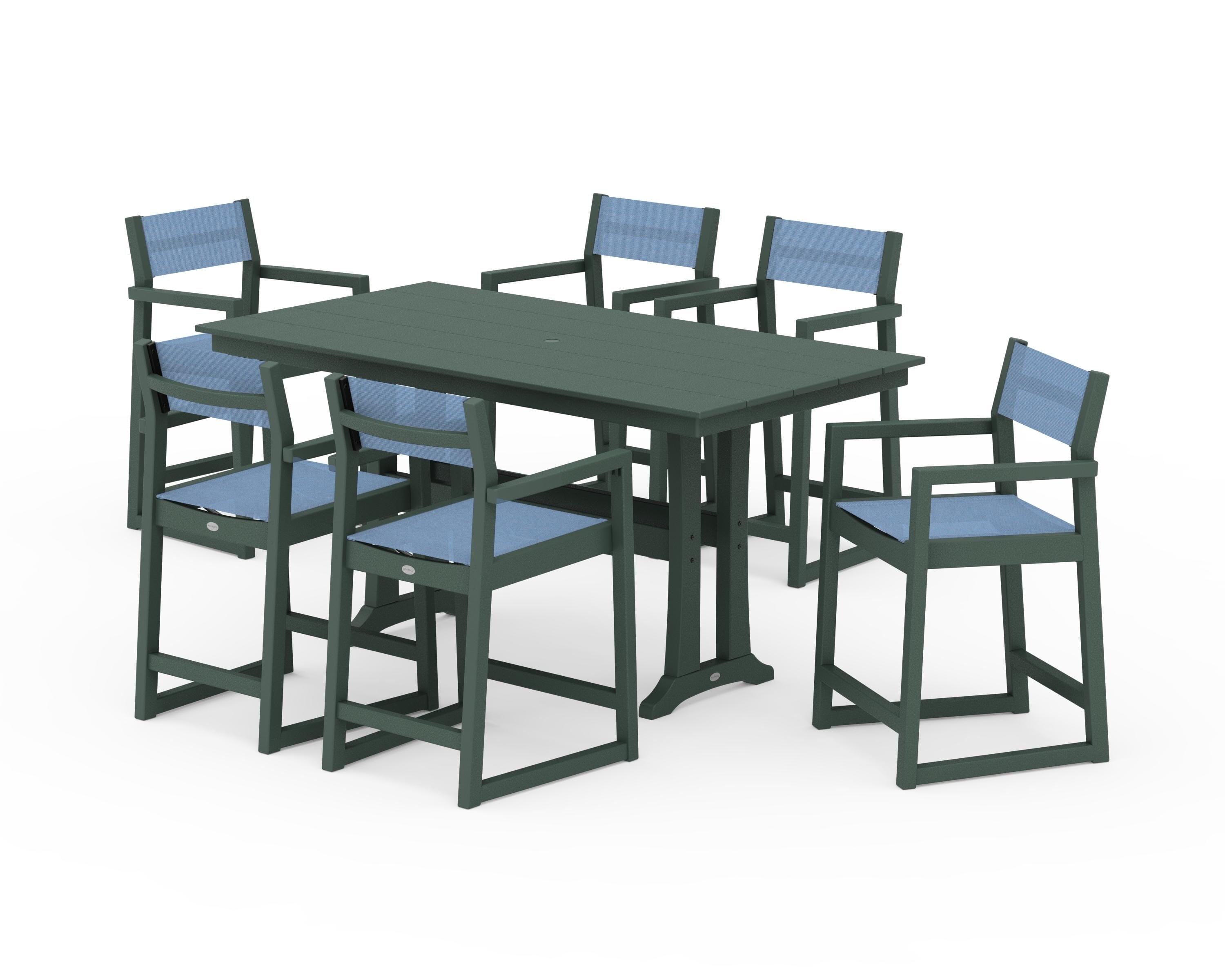 POLYWOOD EDGE Sling Arm Chair 7-Piece Farmhouse Counter Set with Trestle Legs in Green / Poolside Sling