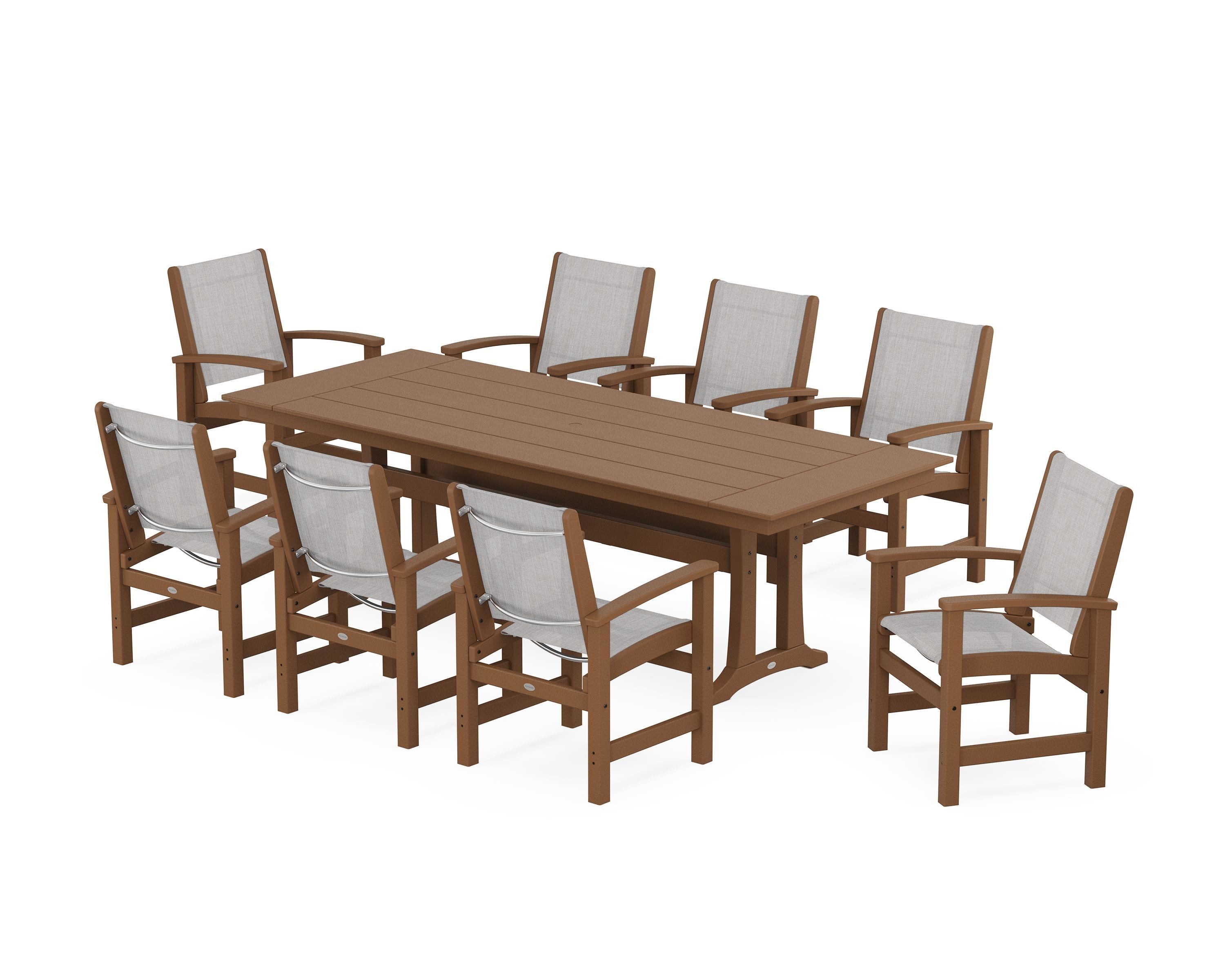 POLYWOOD Coastal 9-Piece Farmhouse Dining Set with Trestle Legs in Teak / Parchment Sling