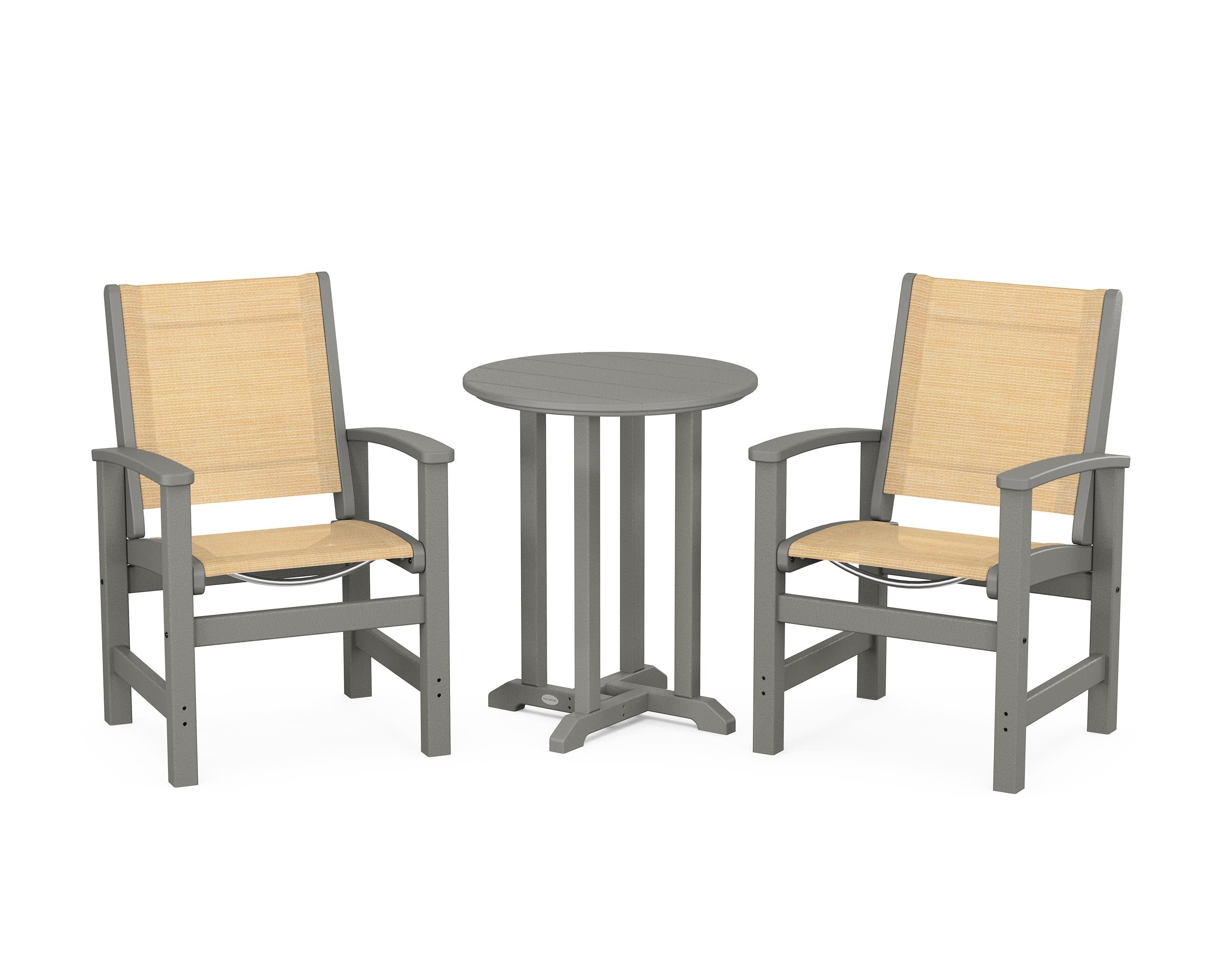 POLYWOOD Coastal 3-Piece Round Bistro Dining Set in Slate Grey / Dupioni Apricot Sling