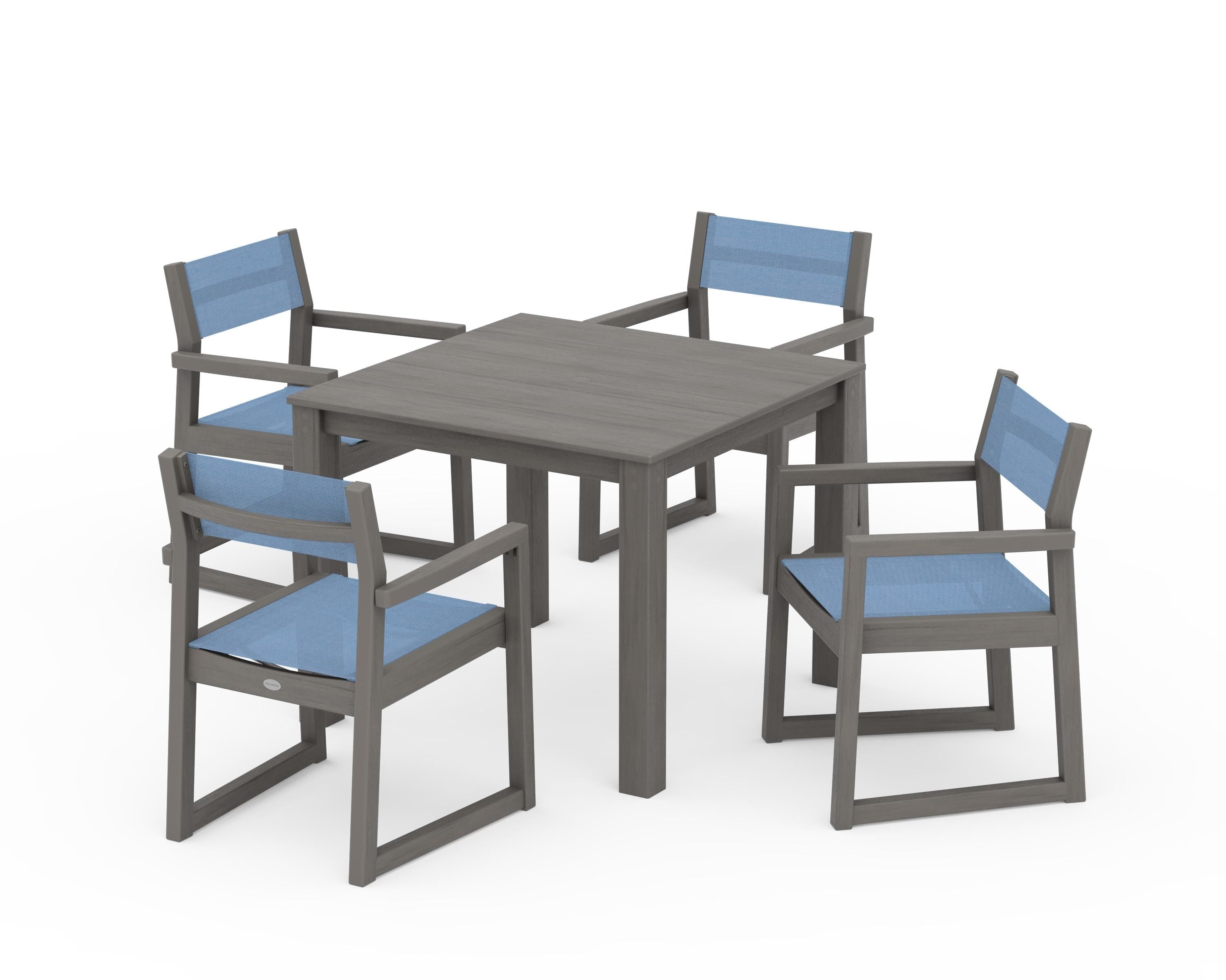 POLYWOOD EDGE Sling Arm Chair 5-Piece Parsons Dining Set in Driftwood / Poolside Sling