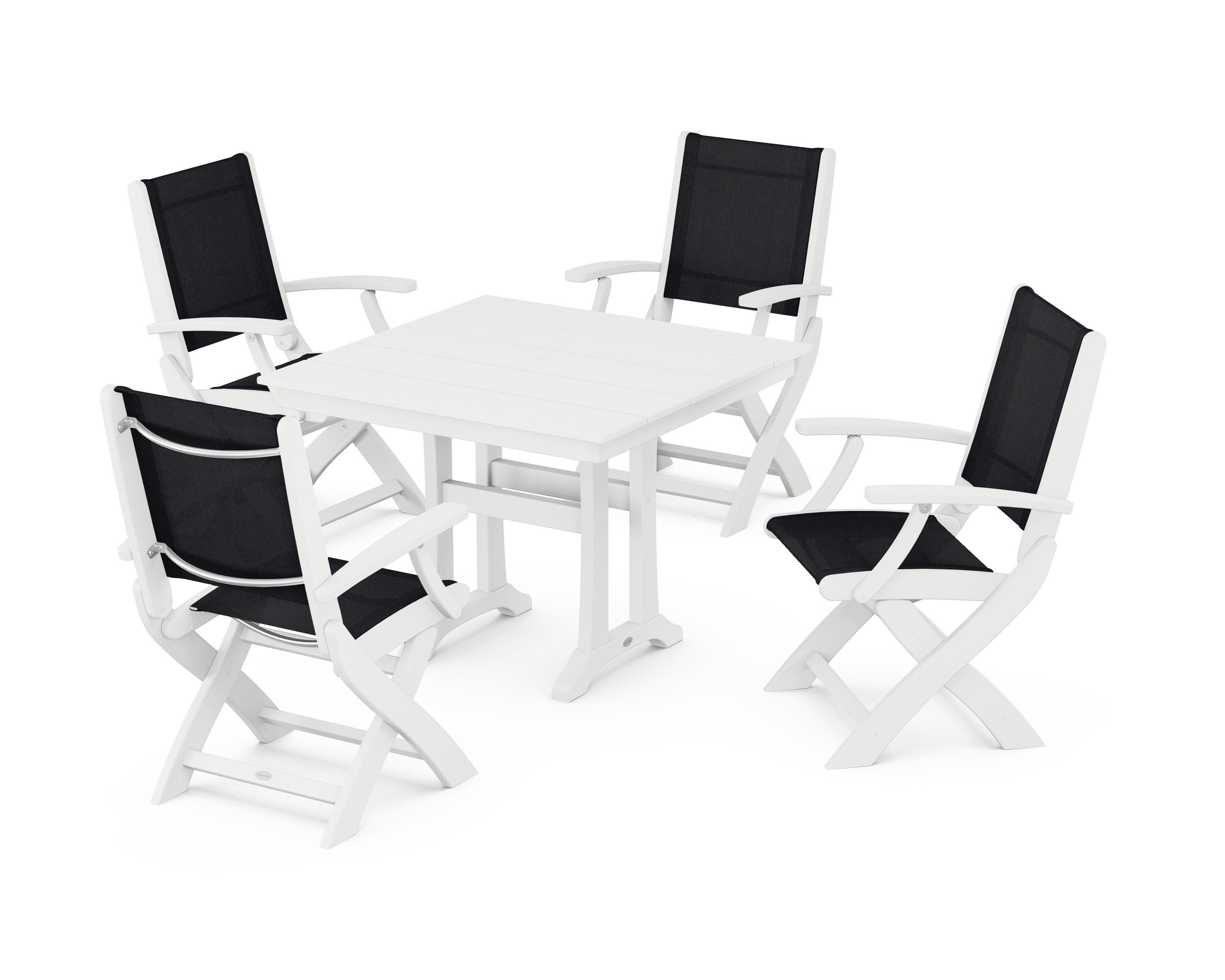 POLYWOOD Coastal Folding Chair 5-Piece Farmhouse Dining Set With Trestle Legs in White / Black Sling
