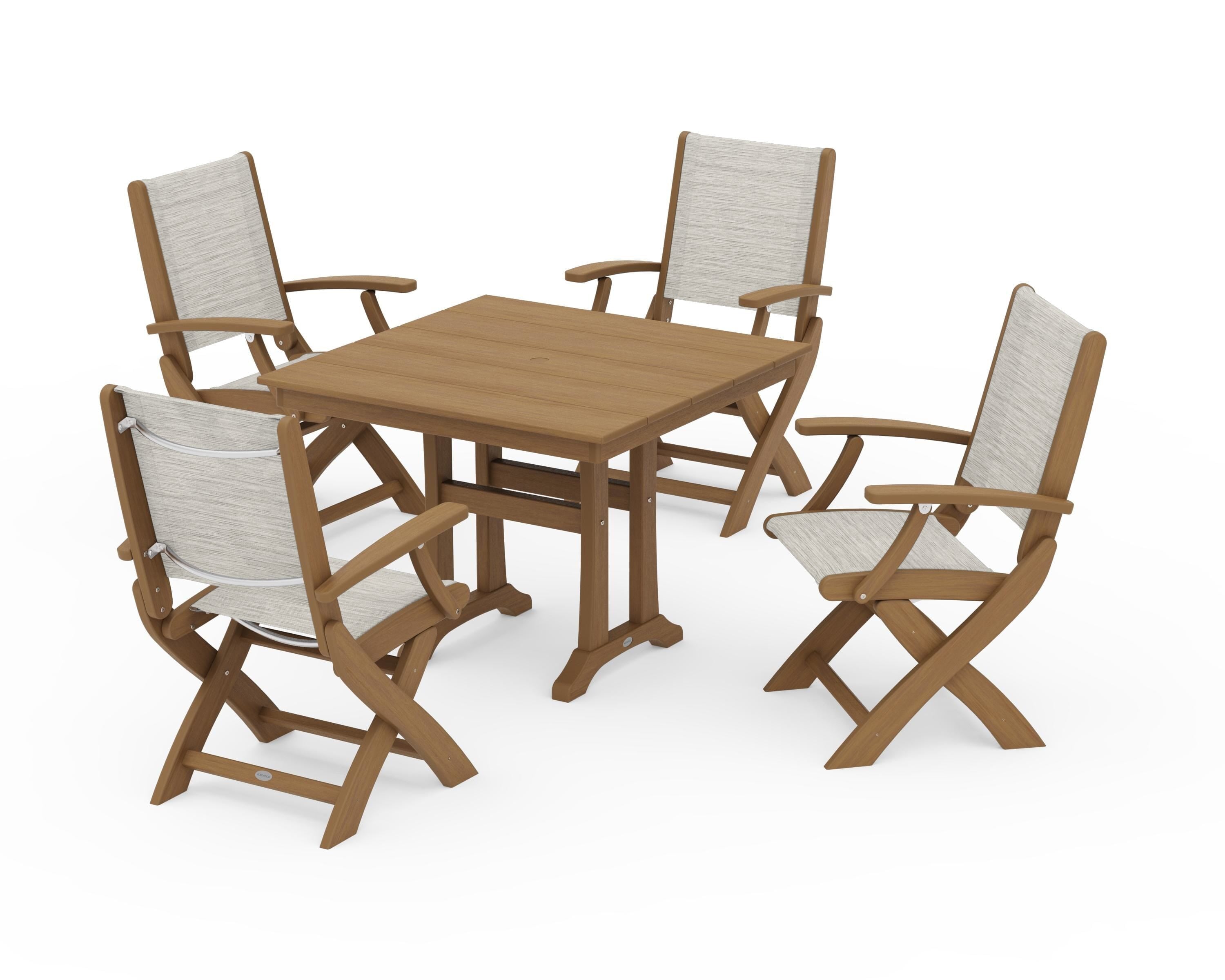 POLYWOOD Coastal Folding Chair 5-Piece Farmhouse Dining Set With Trestle Legs in Natural / Birch Sling