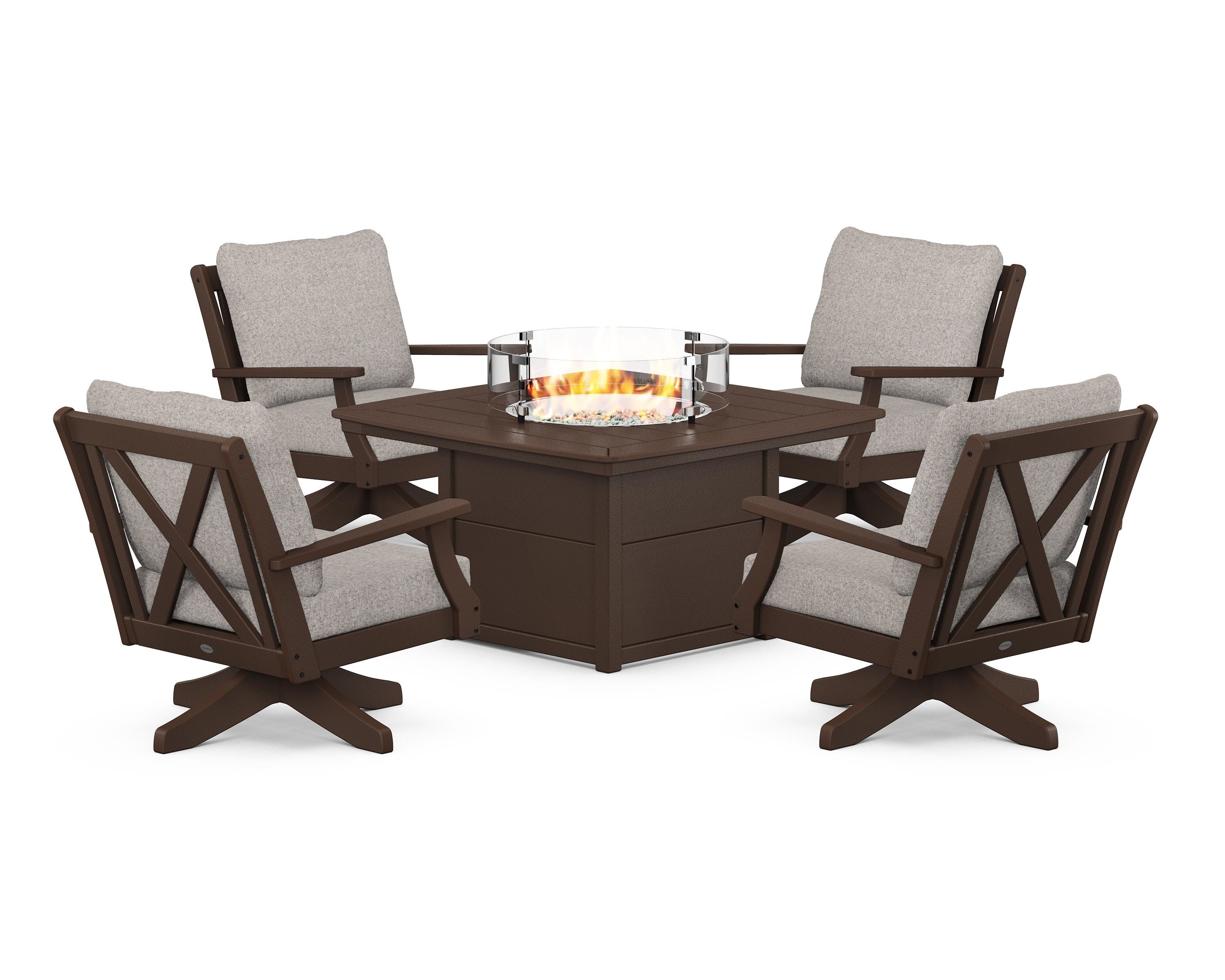 POLYWOOD Braxton 5-Piece Deep Seating Swivel Conversation Set with Fire Pit Table in Mahogany / Weathered Tweed