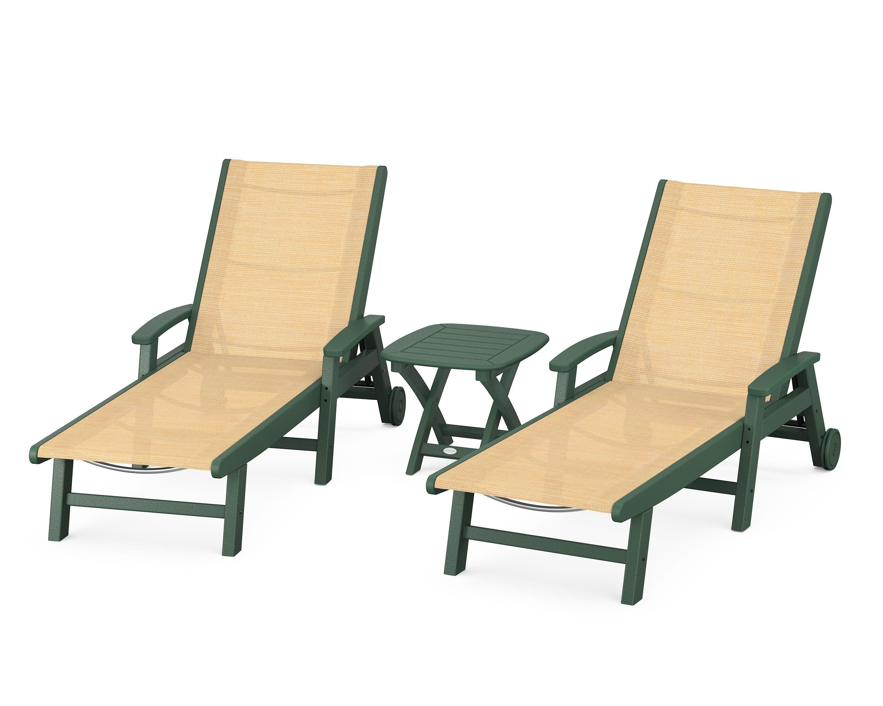 POLYWOOD Coastal 3-Piece Wheeled Chaise Set in Green / Dupioni Apricot Sling