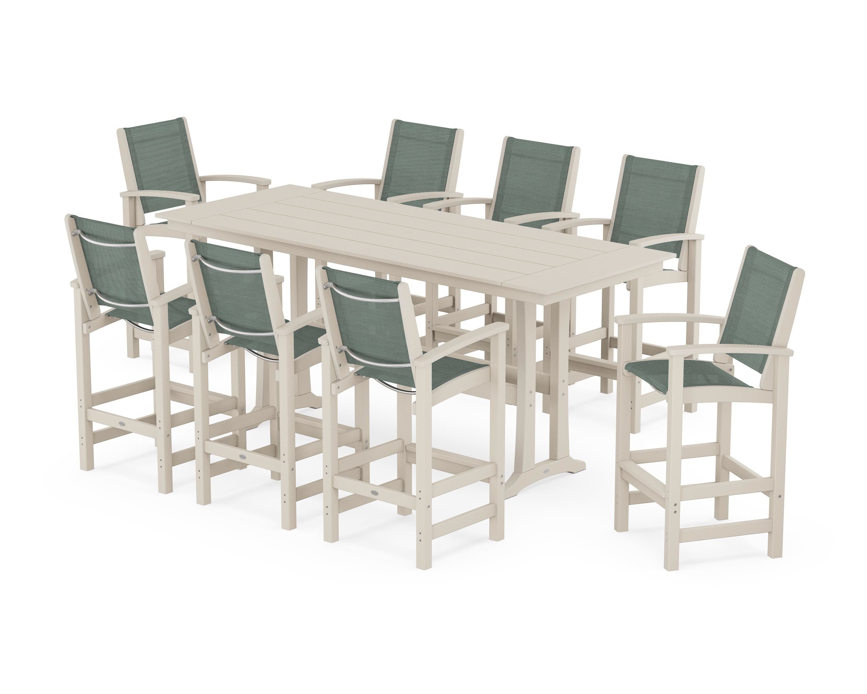 POLYWOOD Coastal 9-Piece Farmhouse Bar Set with Trestle Legs in Sand / Dupioni Sea Mist Sling